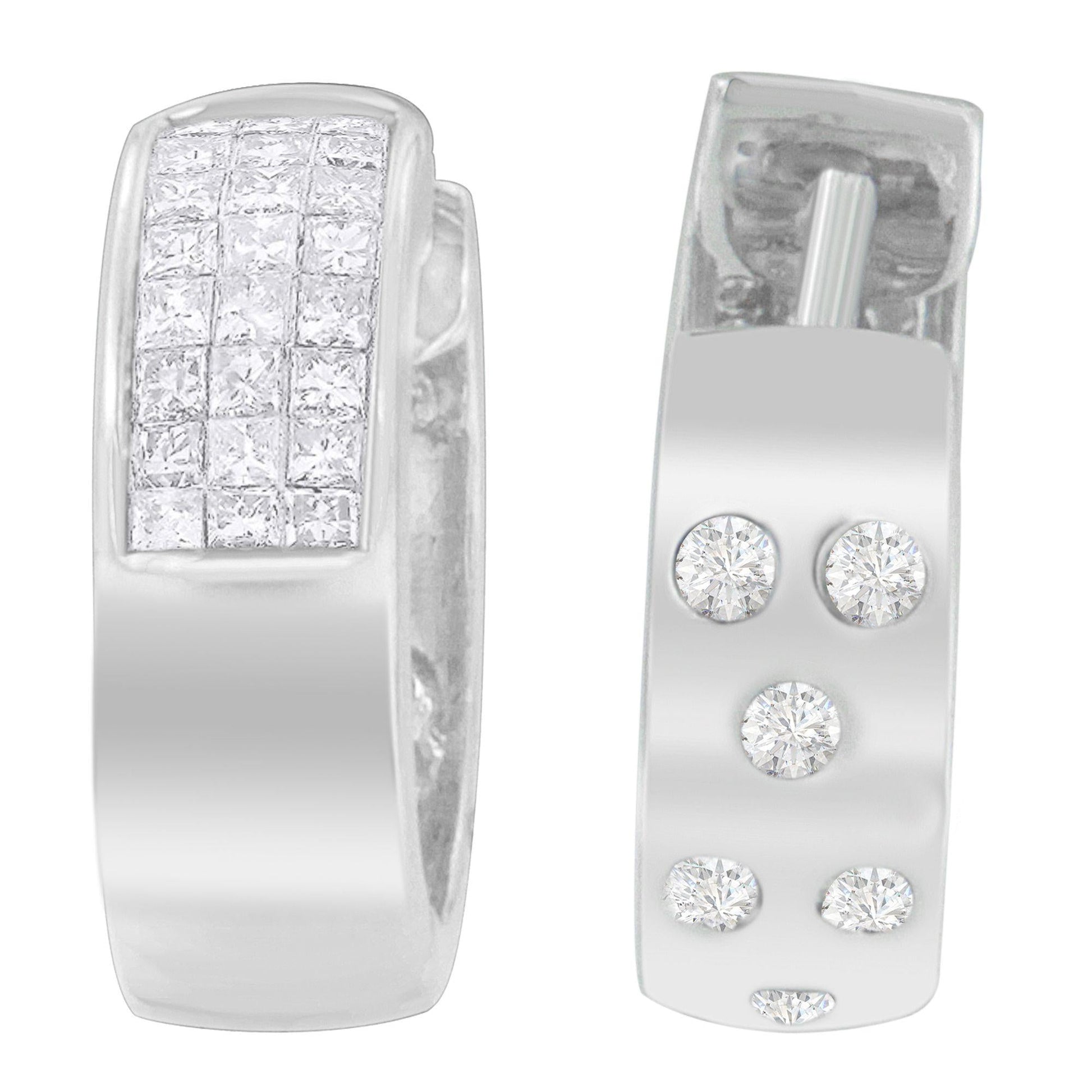 14K White Gold 1 1/8 cttw Princess and Round Cut Diamond Huggie Earrings (H-I