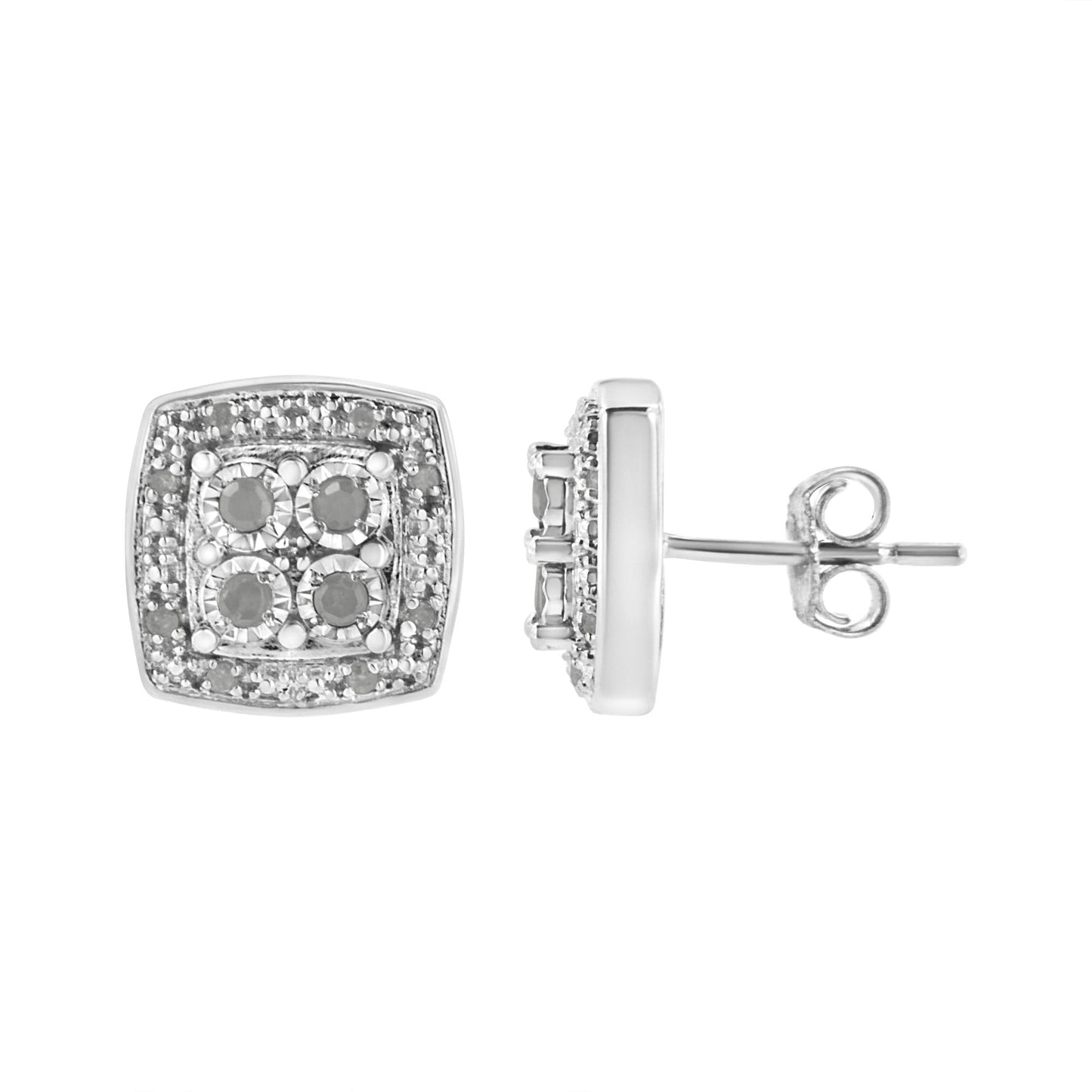 .925 Sterling Silver 1/4 cttw Round Cut Diamond Square Shape Milgrain Stud