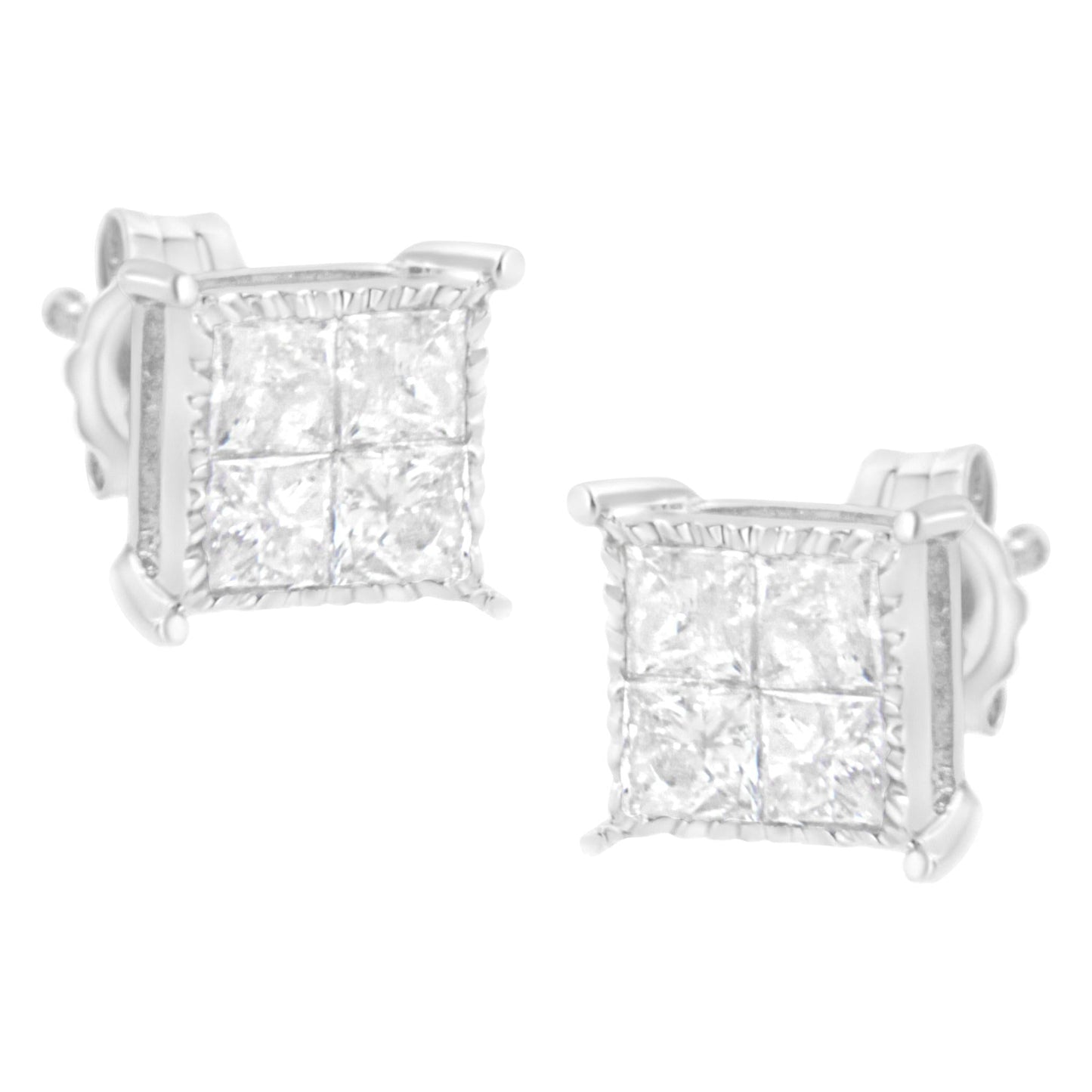 10K White Gold Square Earrings with Princess Cut Diamond (3/4 cttw I-J Color