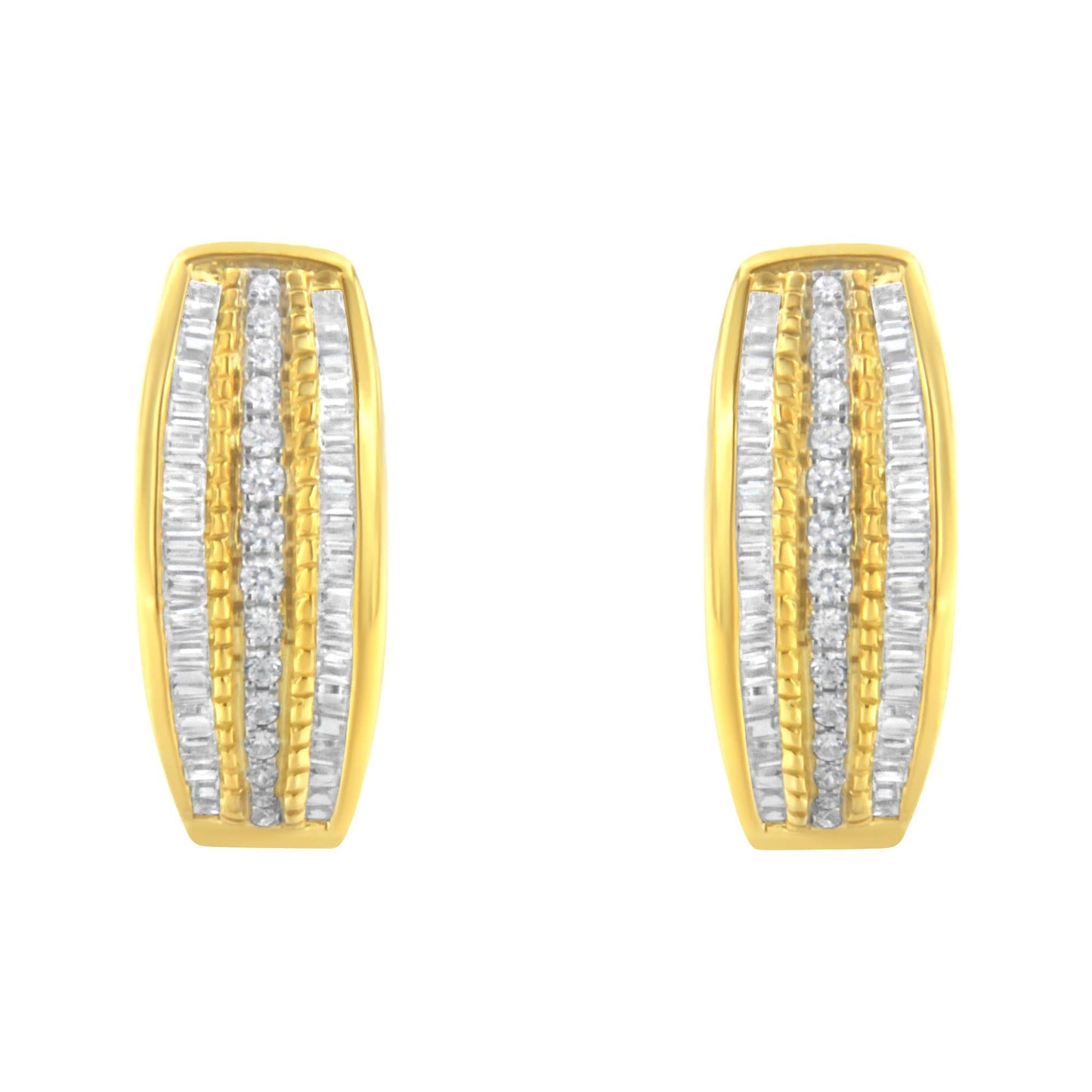 10K Yellow Gold 3/4 Cttw Pave and Channel Set Diamond Triple Row Modern Hoop