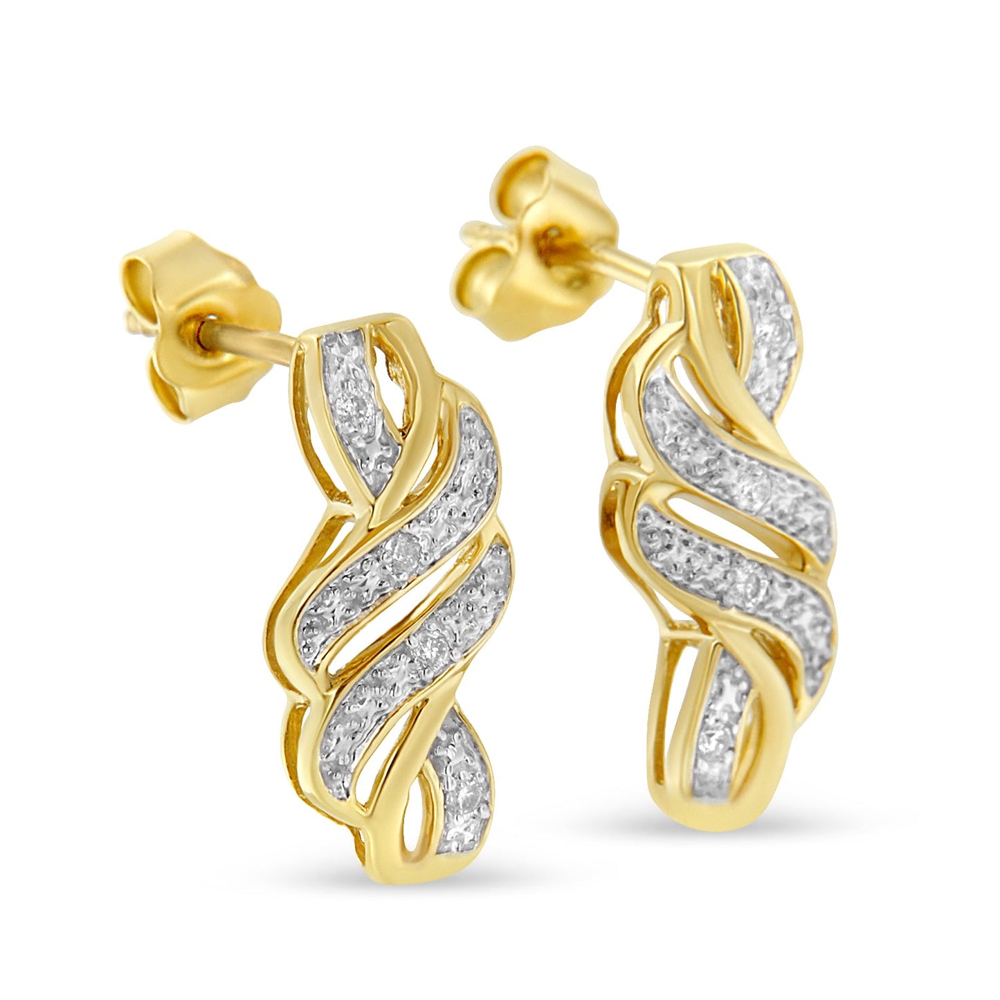 Yellow Plated Sterling Silver Round Cut Diamond Swirl Earrings (0.08 cttw H-I