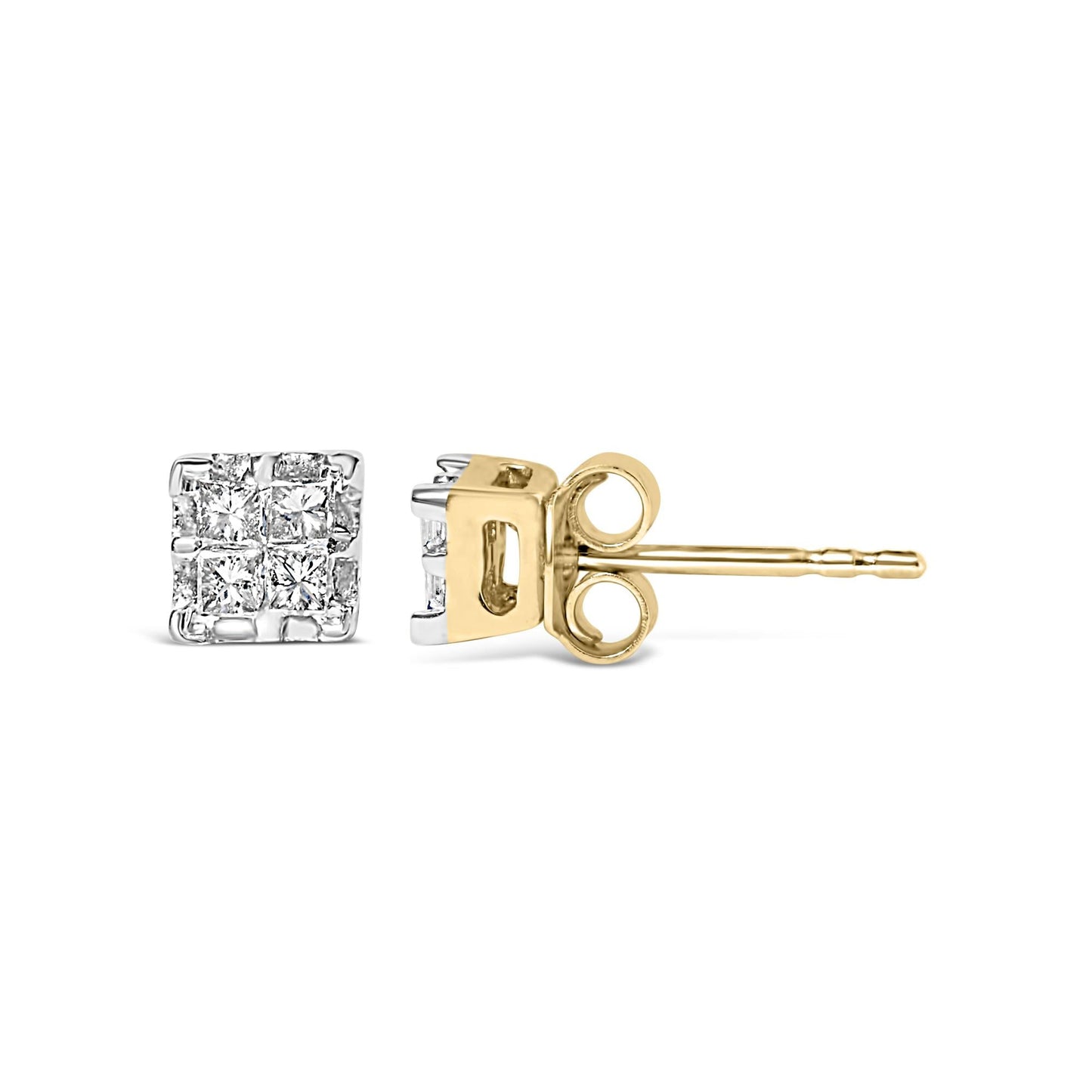 10k Yellow Gold Princess Diamond Quad Stud Earrings (1/4 cttw, J-K Color, I2-I3 Clarity)