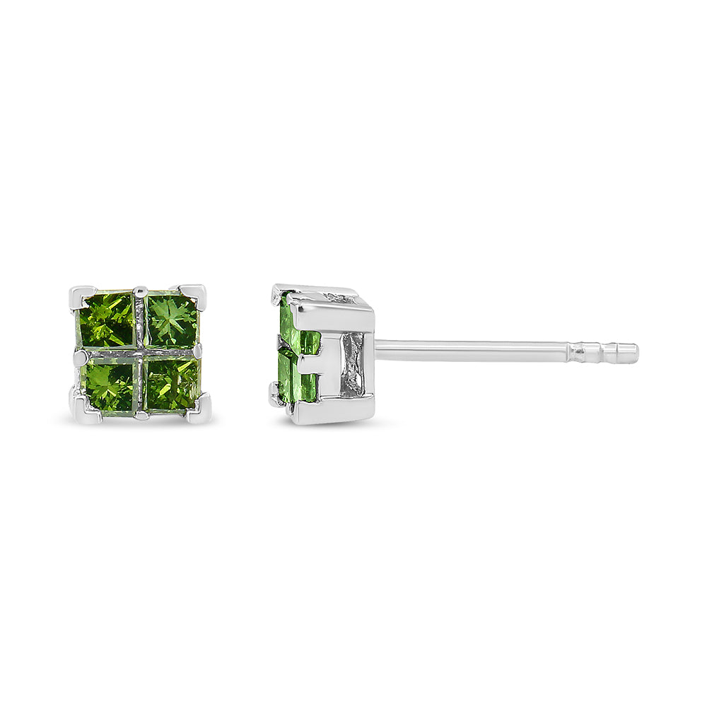 .925 Sterling Silver Treated Green Princess-cut Diamond 4 Stone Composite Quad