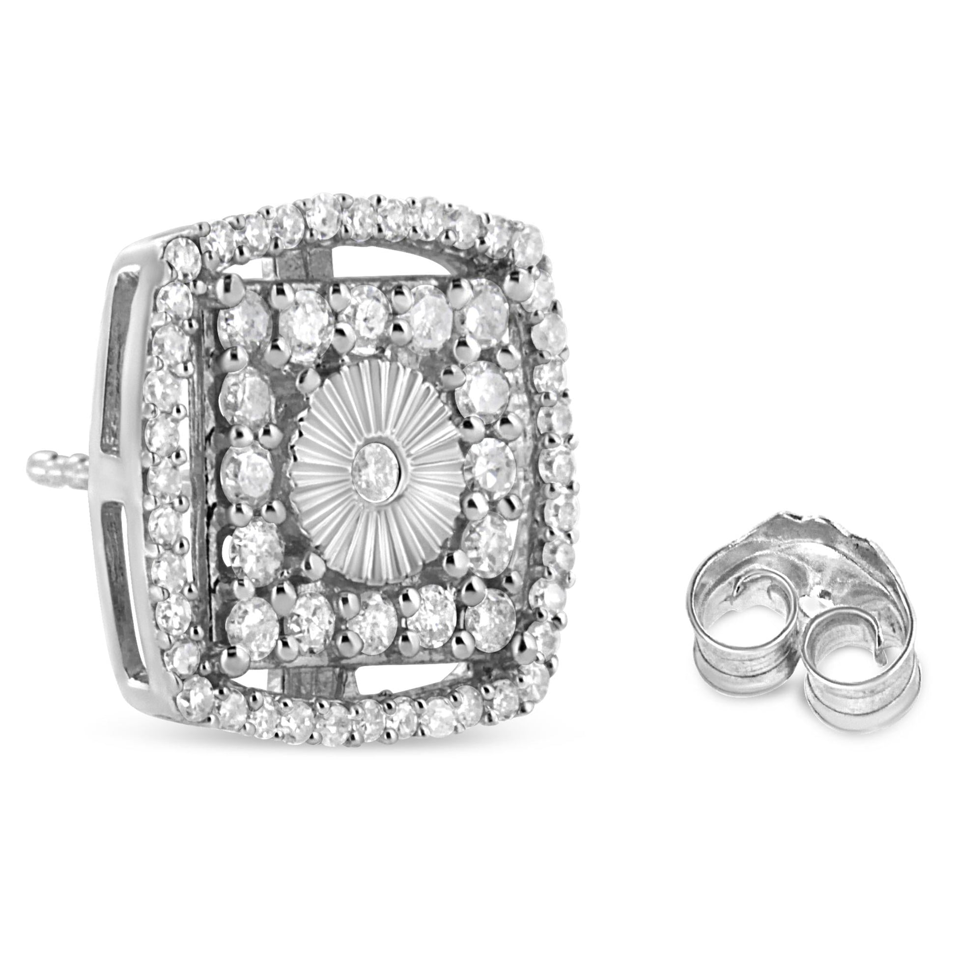 .925 Sterling Silver 1.0 Cttw Round Diamond Double Halo and Disc Stud Earring