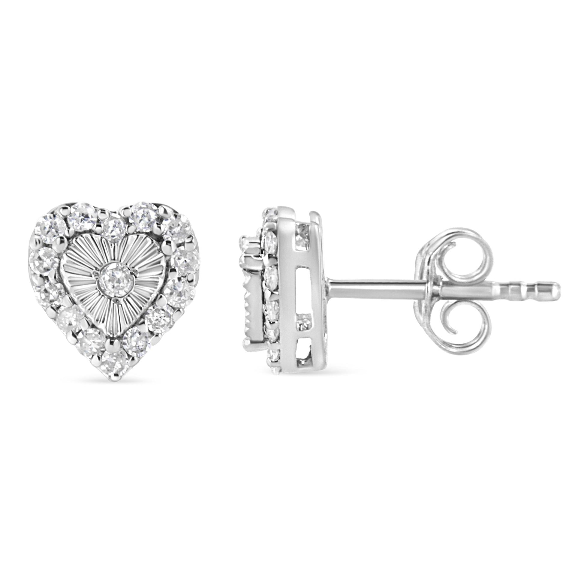 .925 Sterling Silver 1/3 Cttw Miracle Set Round-Cut Diamond Heart Stud Earring