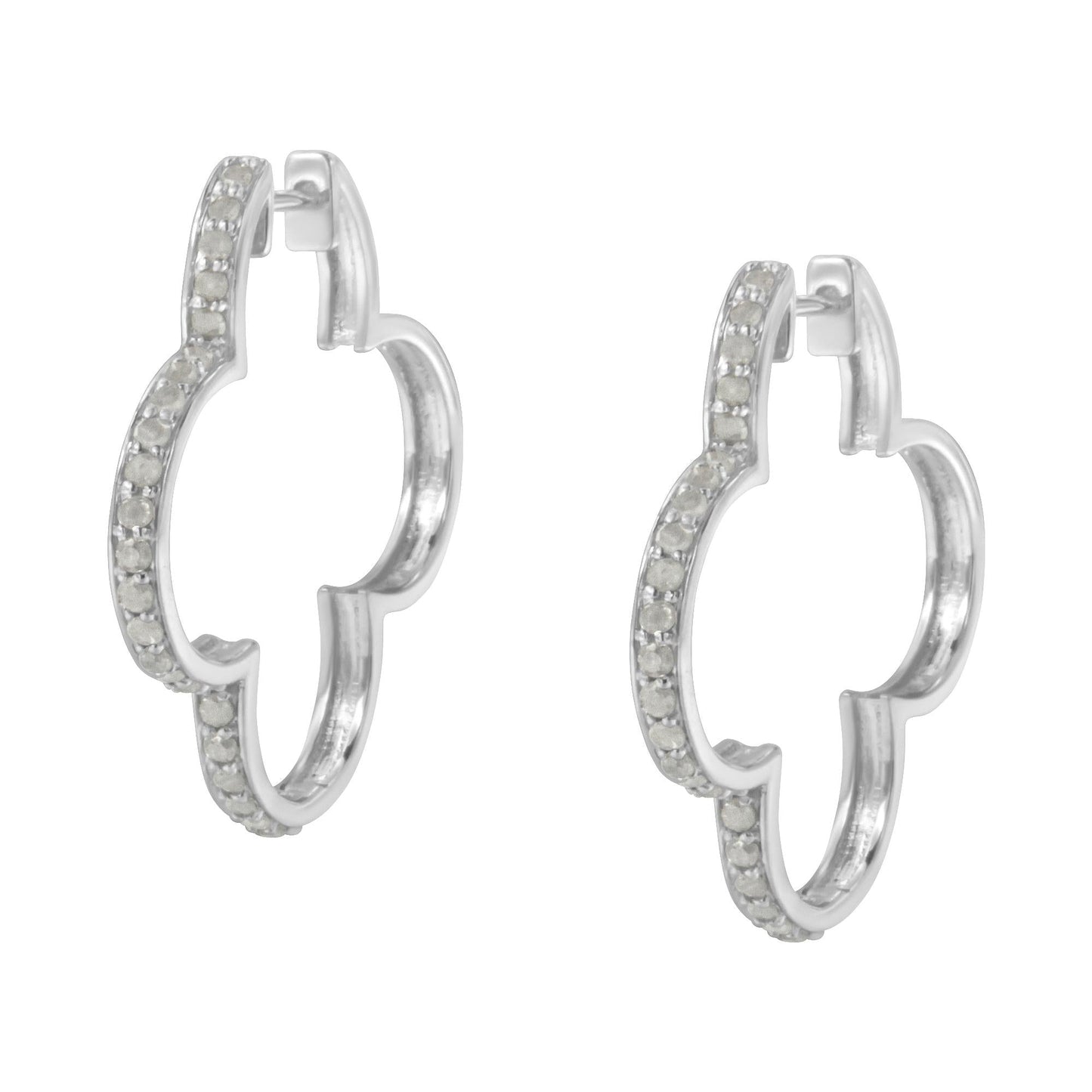 .925 Sterling Silver 1.0 cttw Diamond 4 Leaf Clover Shape Hoop Earrings(I-J