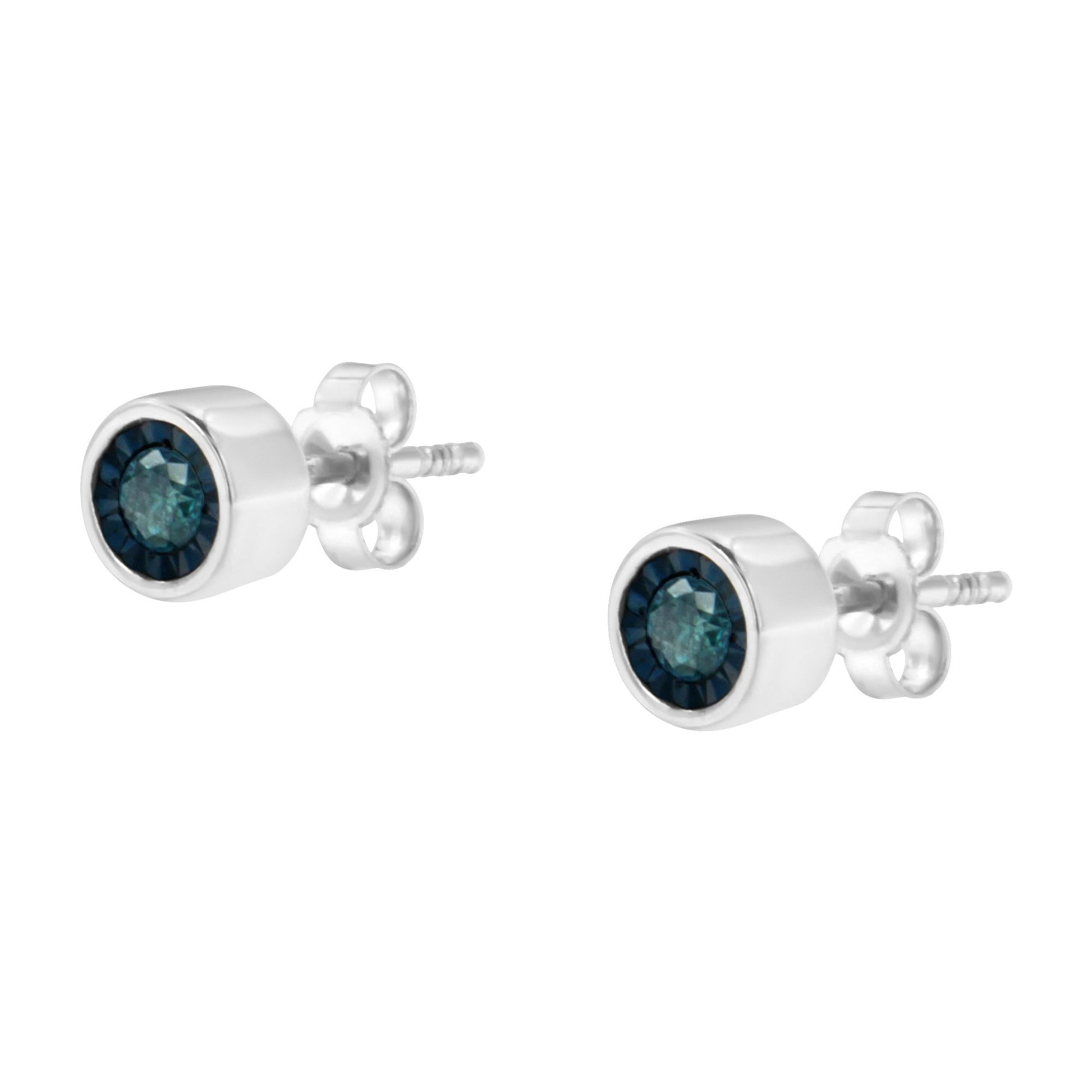 .925 Sterling Silver 1/5 Cttw Round Brilliant-Cut Blue Diamond Miracle-Set Stud