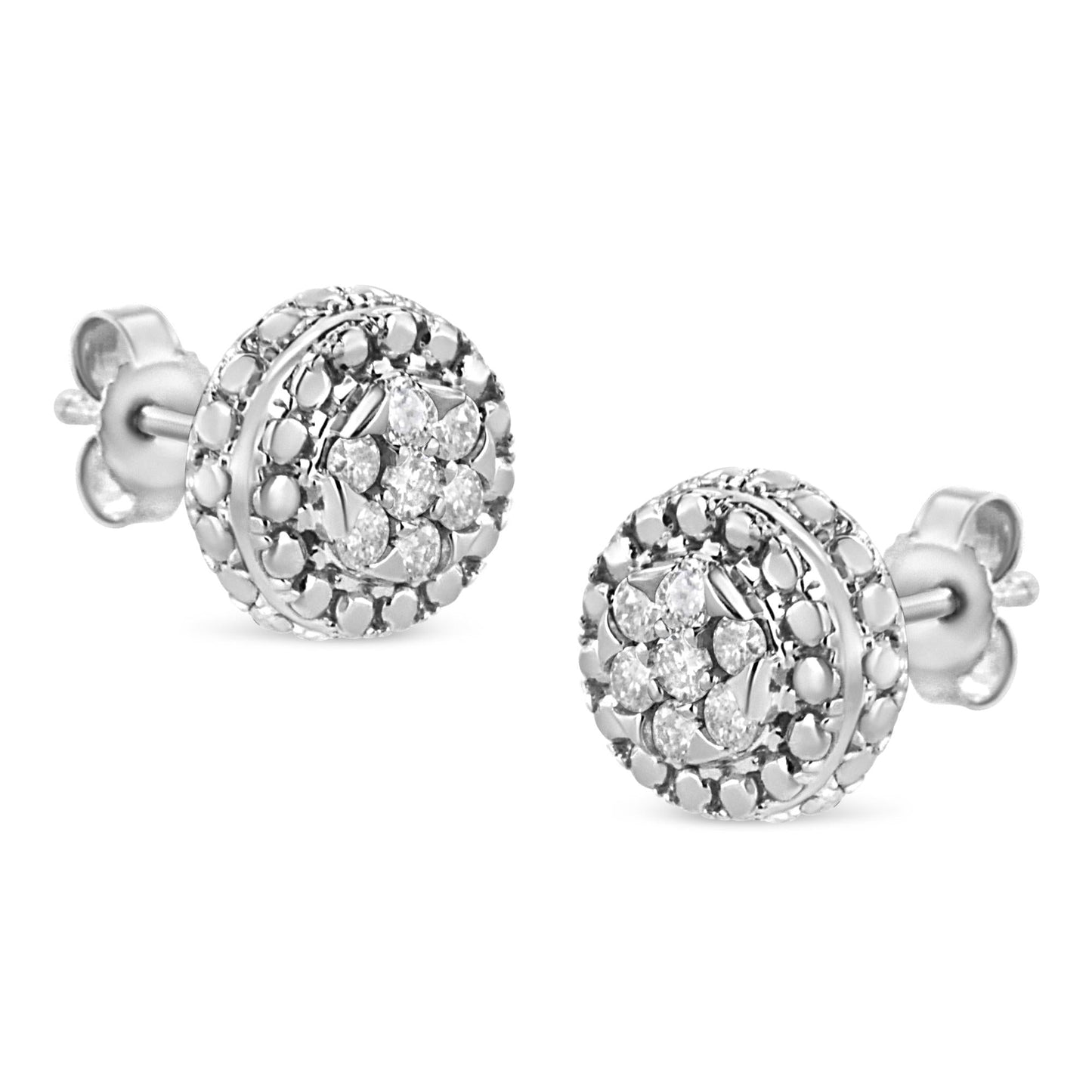 .925 Sterling Silver 1/3 Cttw 7 Stone Pave Set Diamond Beaded Stud Earrings