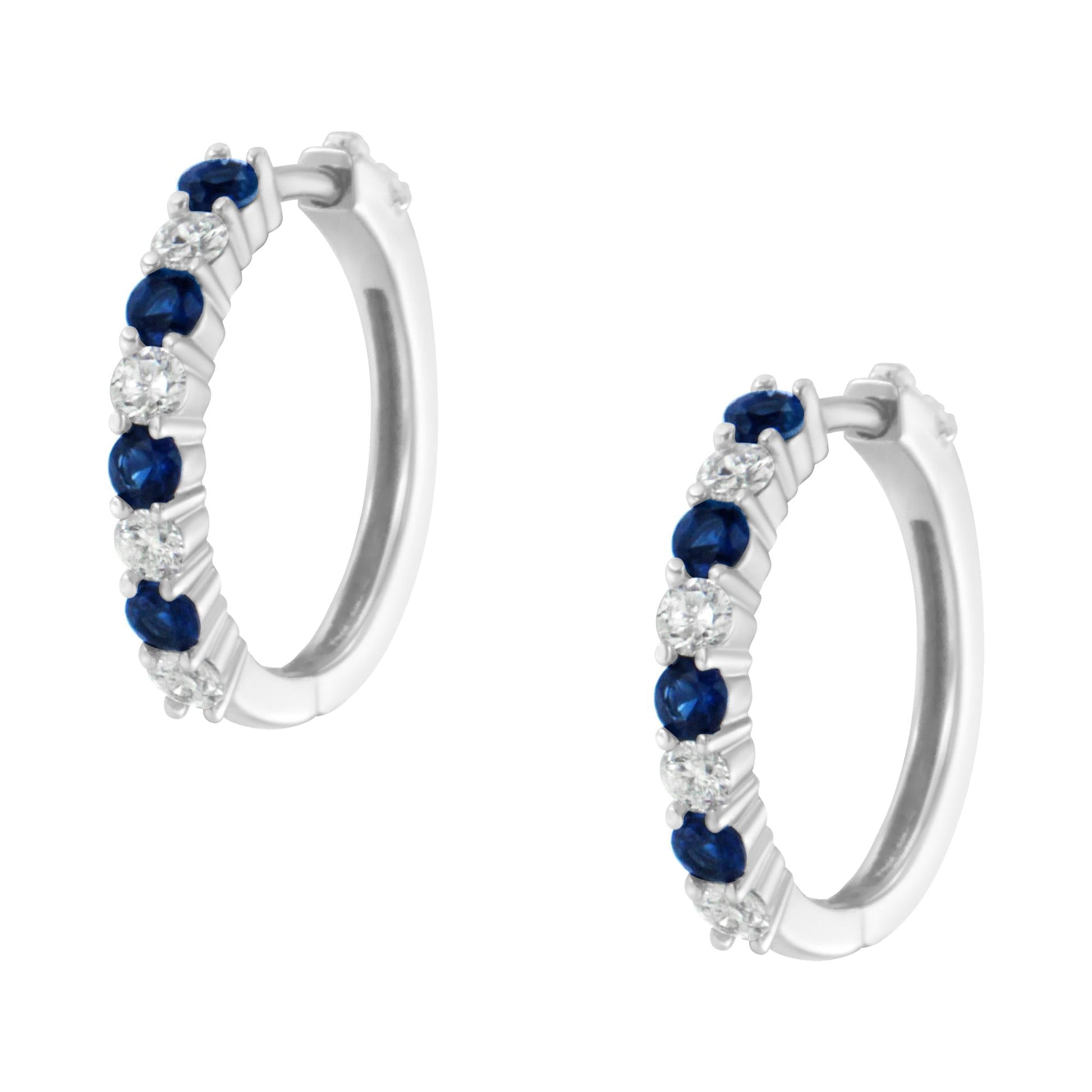 10K White Gold 2.5MM Sapphire Gemstone and 1/2 Cttw Diamond Hoop Earrings (H-I