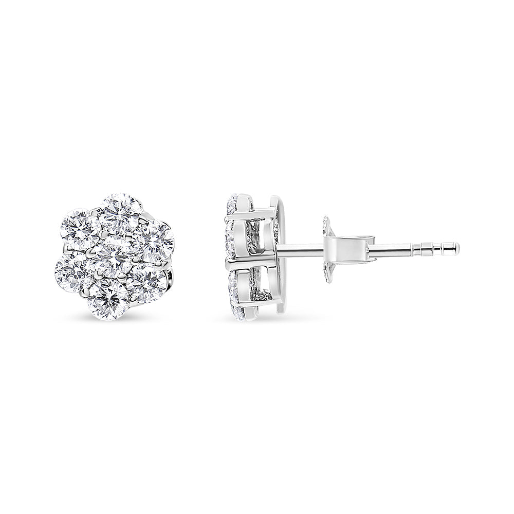 14K White Gold 7 Stone Floral Cluster Round Brilliant Cut Diamond Stud Earrings