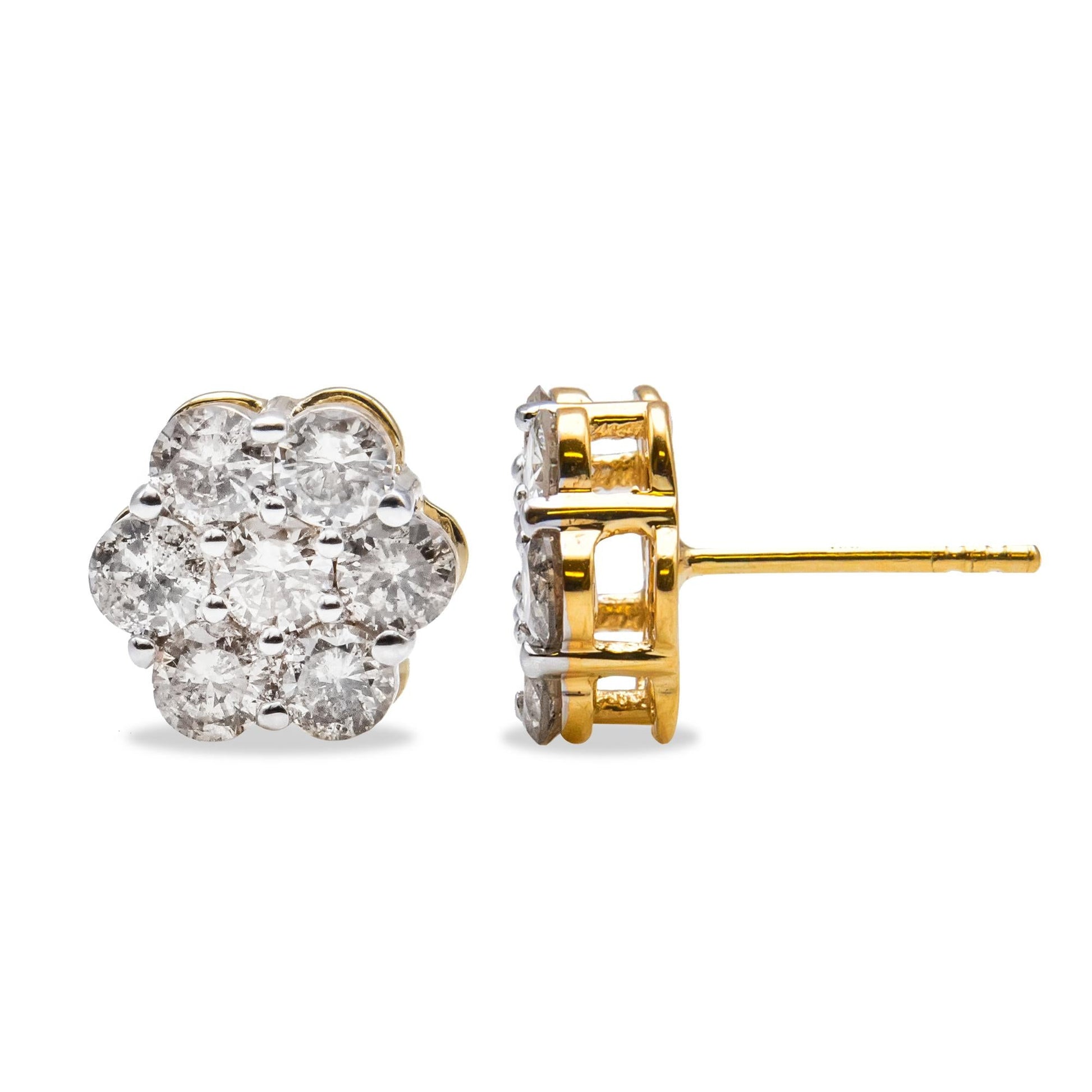 10K Yellow Gold Plated.925 Sterling Silver 2.0 Cttw Diamond Floral Cluster Stud