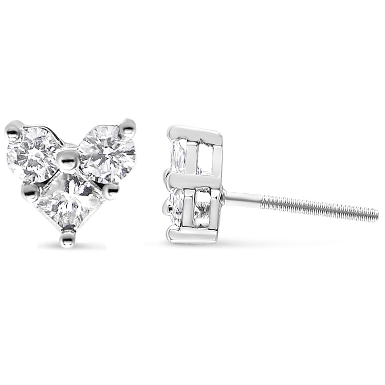 10K White Gold Diamond 3 Stone Trio Heart Stud Earring (I-J Color I1-I2