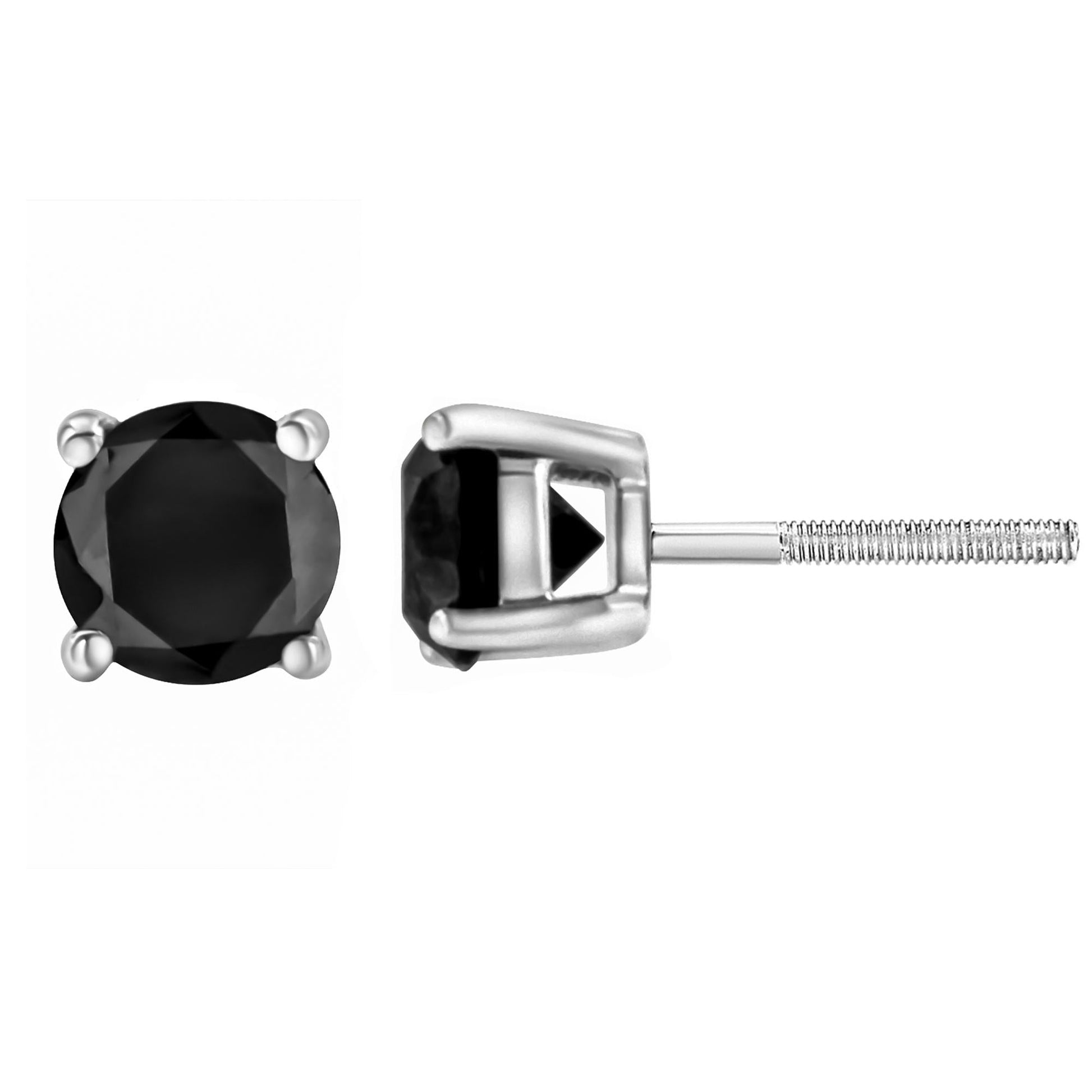 .925 Sterling Silver Round Brilliant-Cut Black Diamond Bezel-Set Stud Earrings