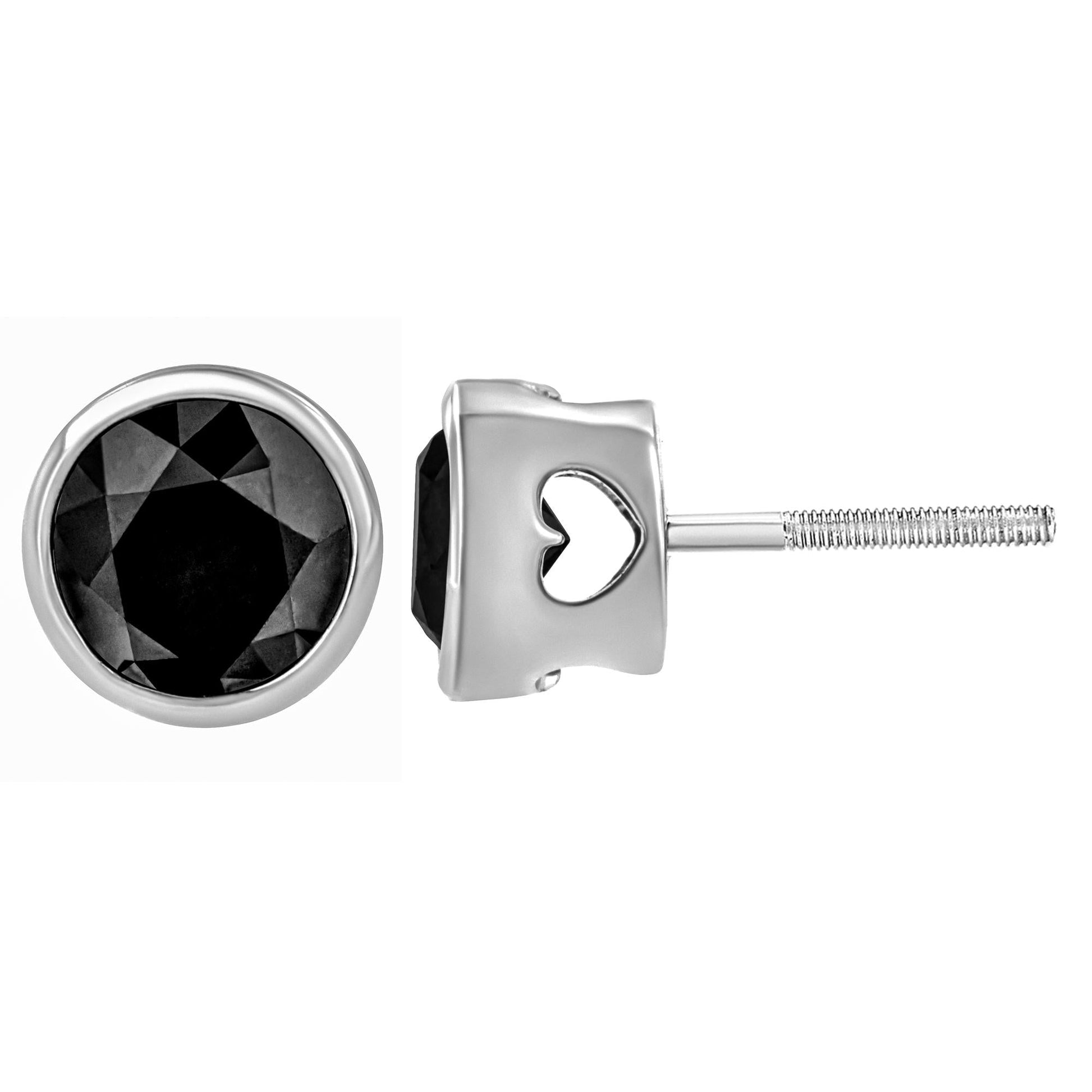 .925 Sterling Silver Round Brilliant-Cut Black Diamond Bezel-Set Stud Earrings