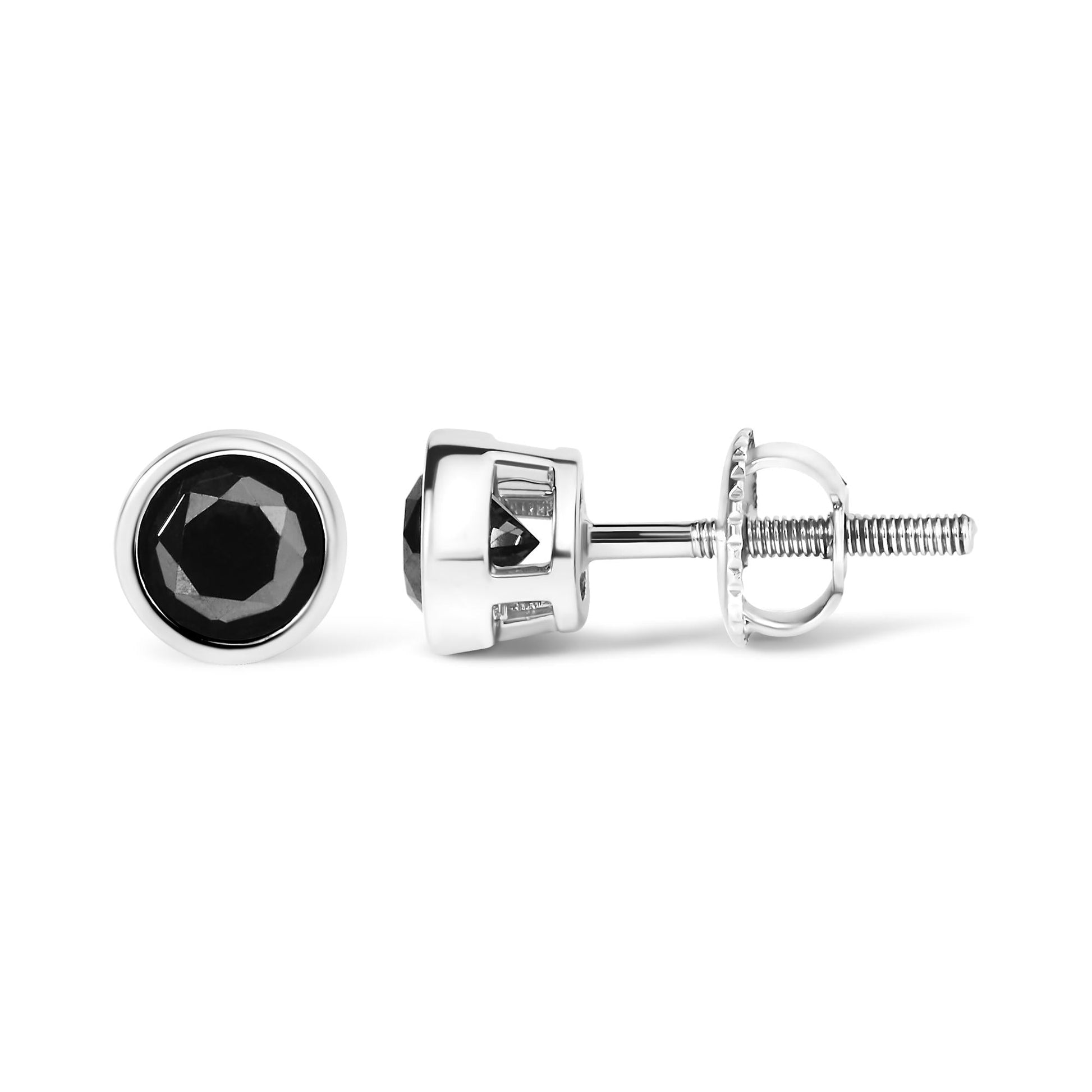 .925 Sterling Silver Round Brilliant-Cut Black Diamond Bezel-Set Stud Earrings