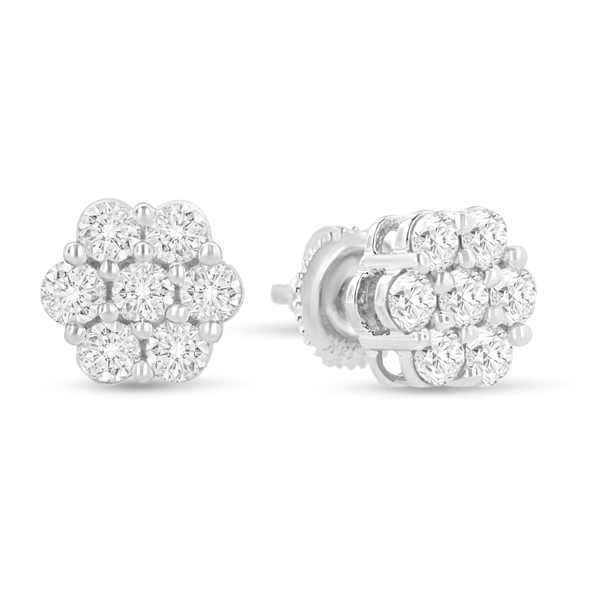 14K White Gold 1 1/2 cttw Prong Set Round-Cut Diamond Floral Cluster Stud