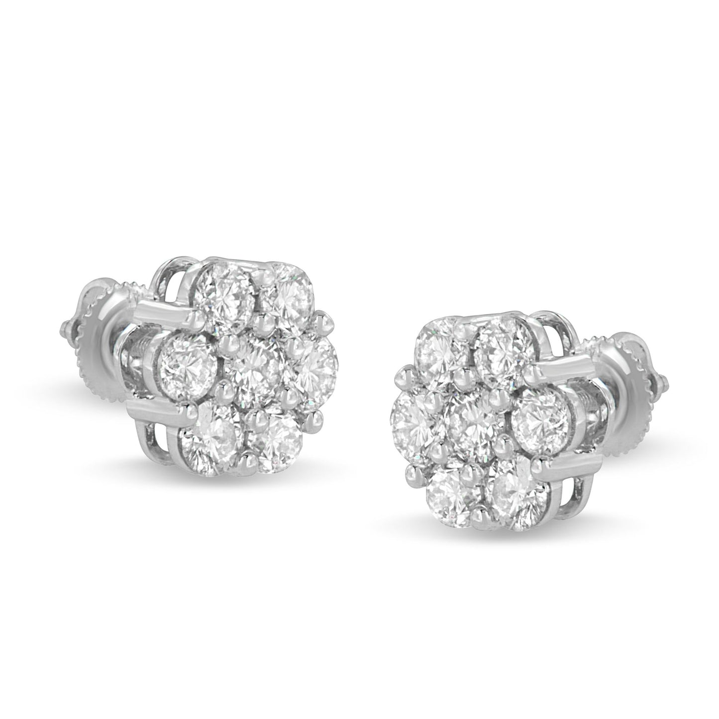 14K White Gold 3 cttw Prong Set Round-Cut Diamond Floral Cluster Stud Earring