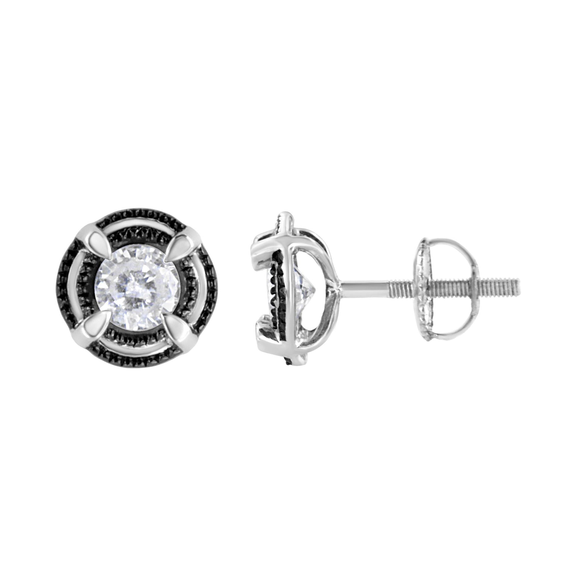 Black Rhodium Plated.925 Sterling Silver Round Diamond Double Halo 4-Prong