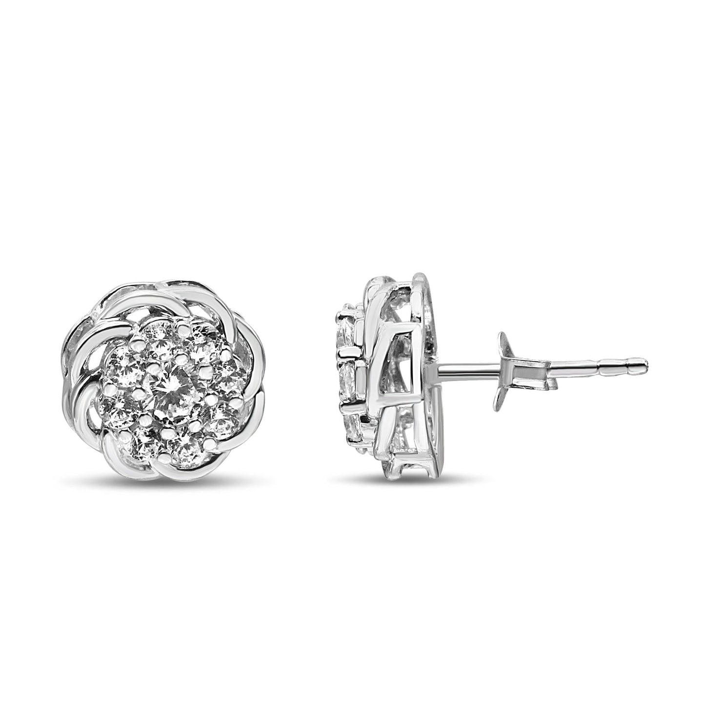 .925 Sterling Silver 1/2 Cttw Round Diamond Cluster Openwork Floral Halo Stud