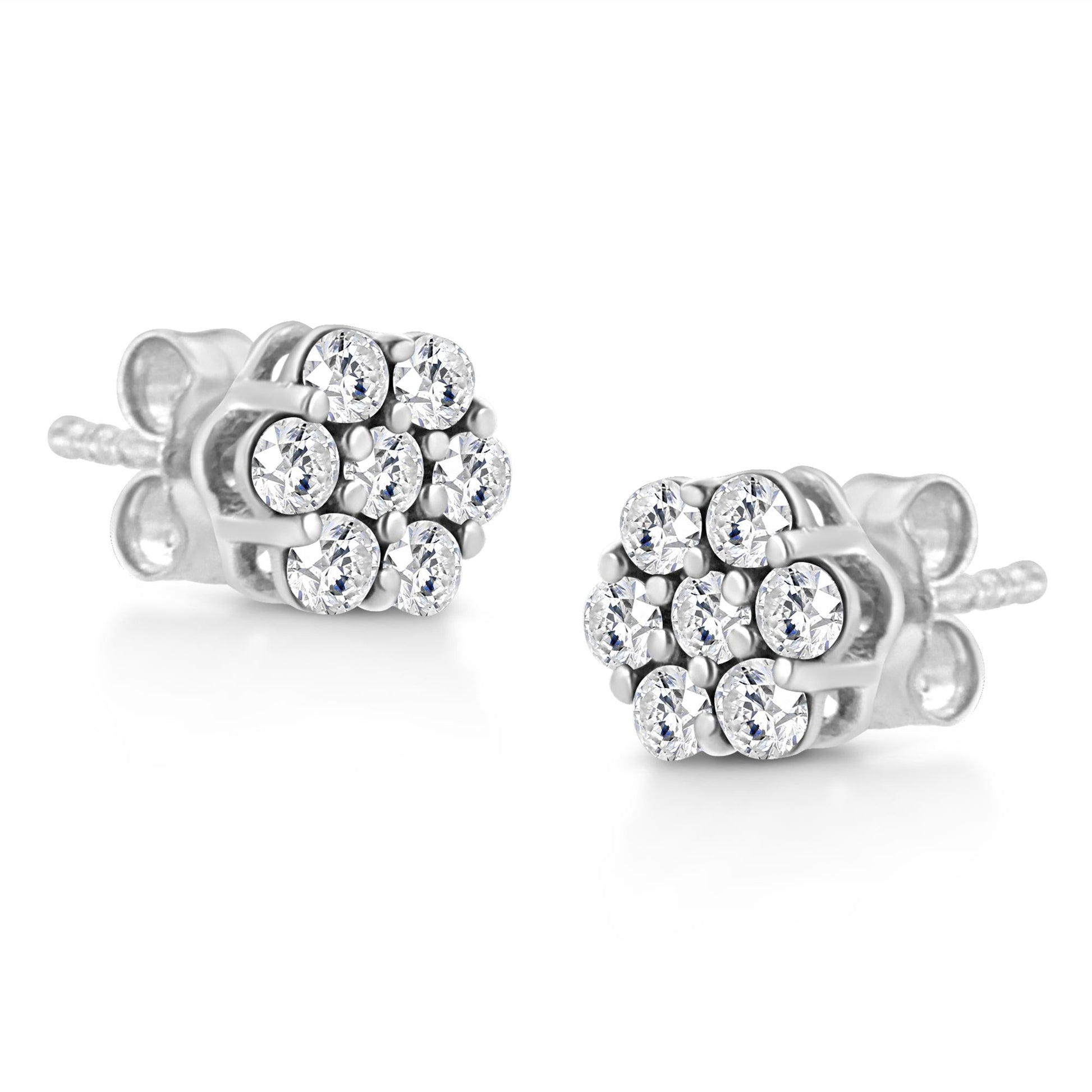 14K White Gold 1/2 Cttw Prong Set Round-Cut Diamond Flower Stud Earring (H-I