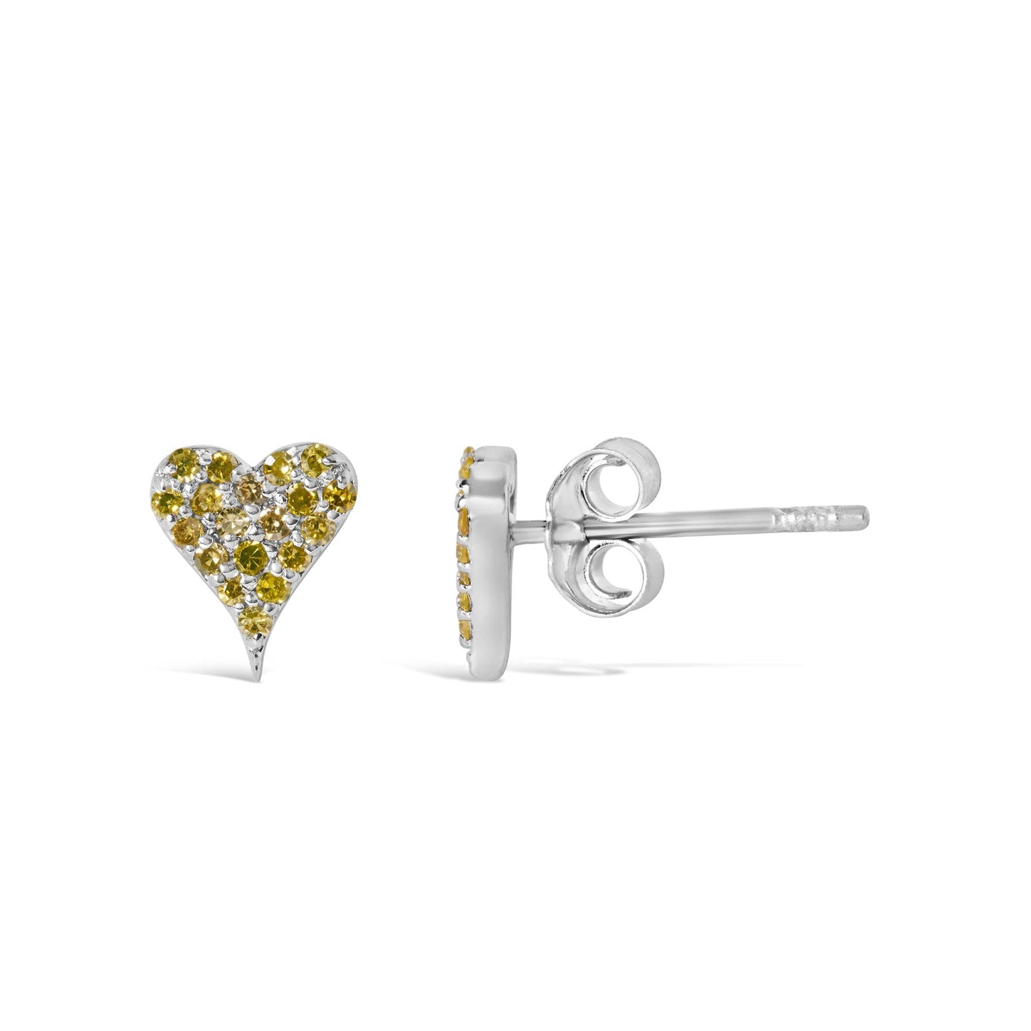 925 Sterling Silver 1/10 Cttw Yellow Diamond Heart Shaped Stud Earrings (Yellow Color, I3 Clarity)