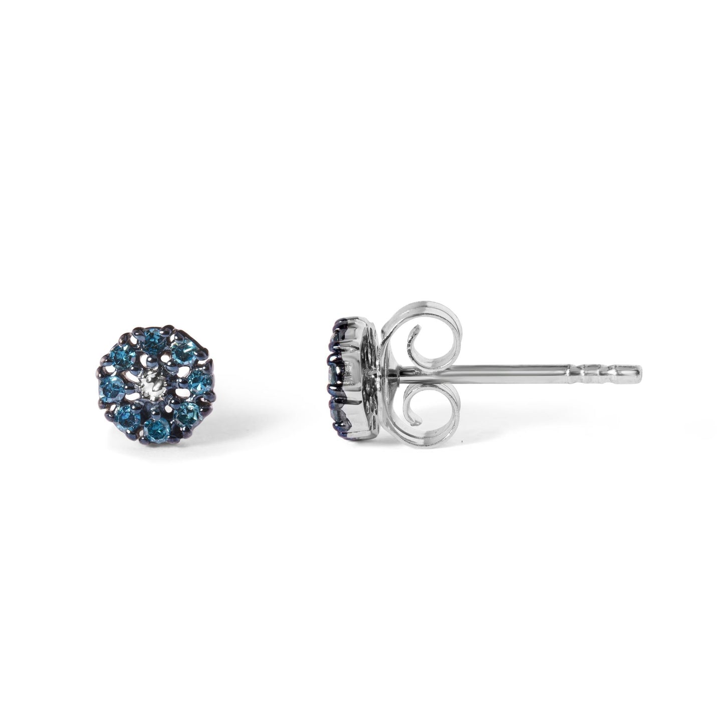 925 Sterling Silver 1/10 Cttw Blue Diamond Floral Cluster Stud Earrings (Blue Color, I3 Clarity)