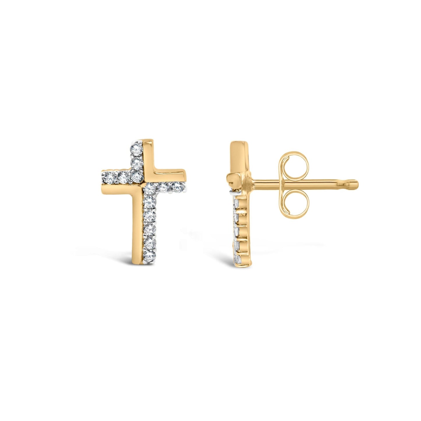 14K Yellow Gold Plated.925 Sterling Silver 1/10 Cttw Diamond Cross Stud Earring