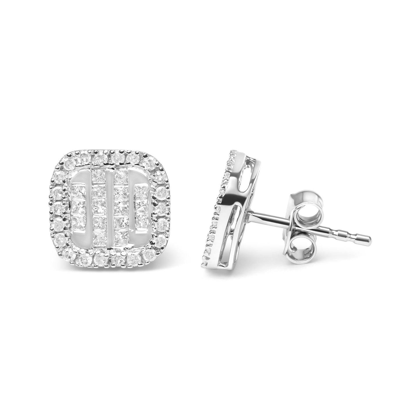 10K White Gold 7/8 Cttw Diamond Princess Composite and Halo Stud Earrings (I-J