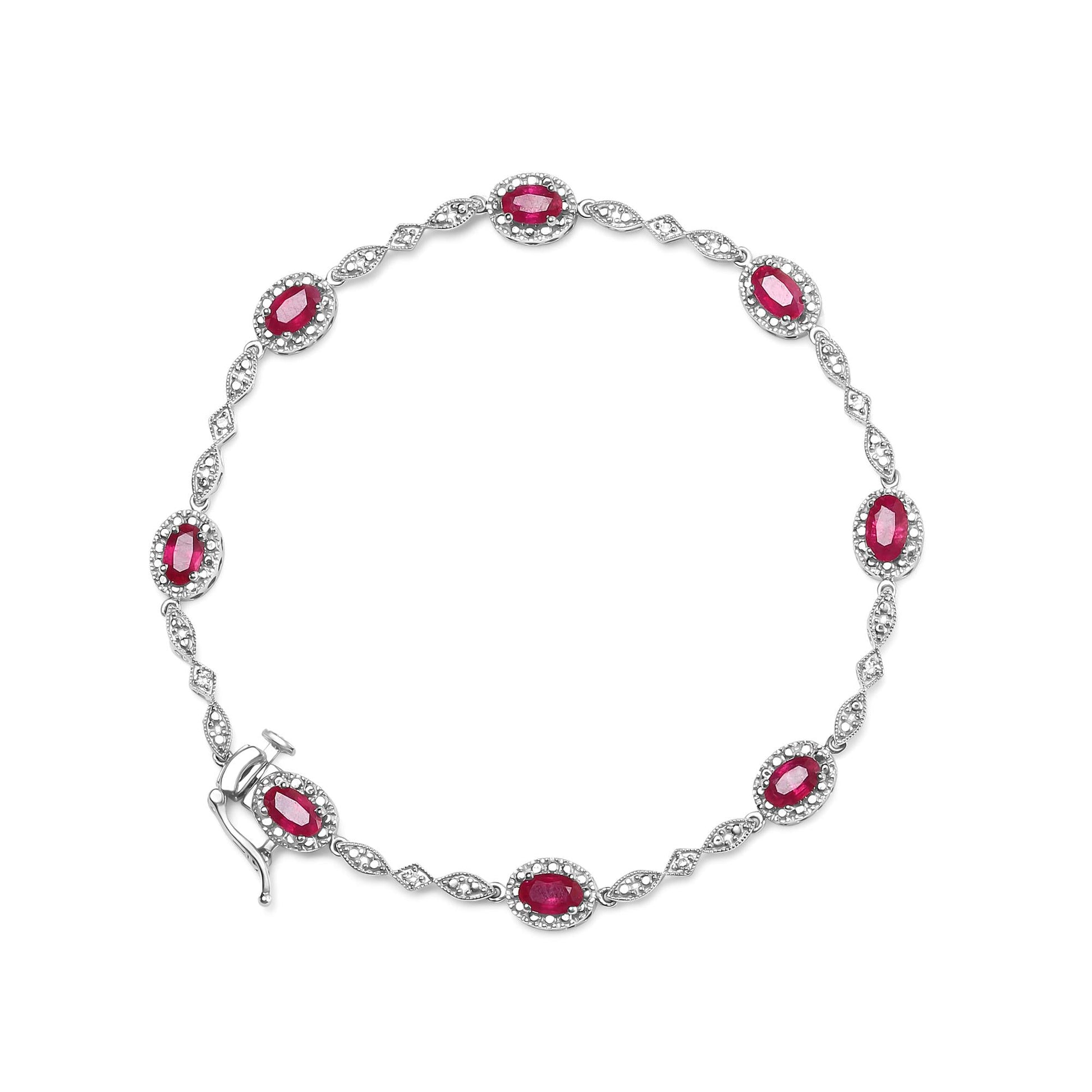 10K White Gold 4.5mm x 3mm Oval Ruby and Diamond Link Bracelet (H-I Color