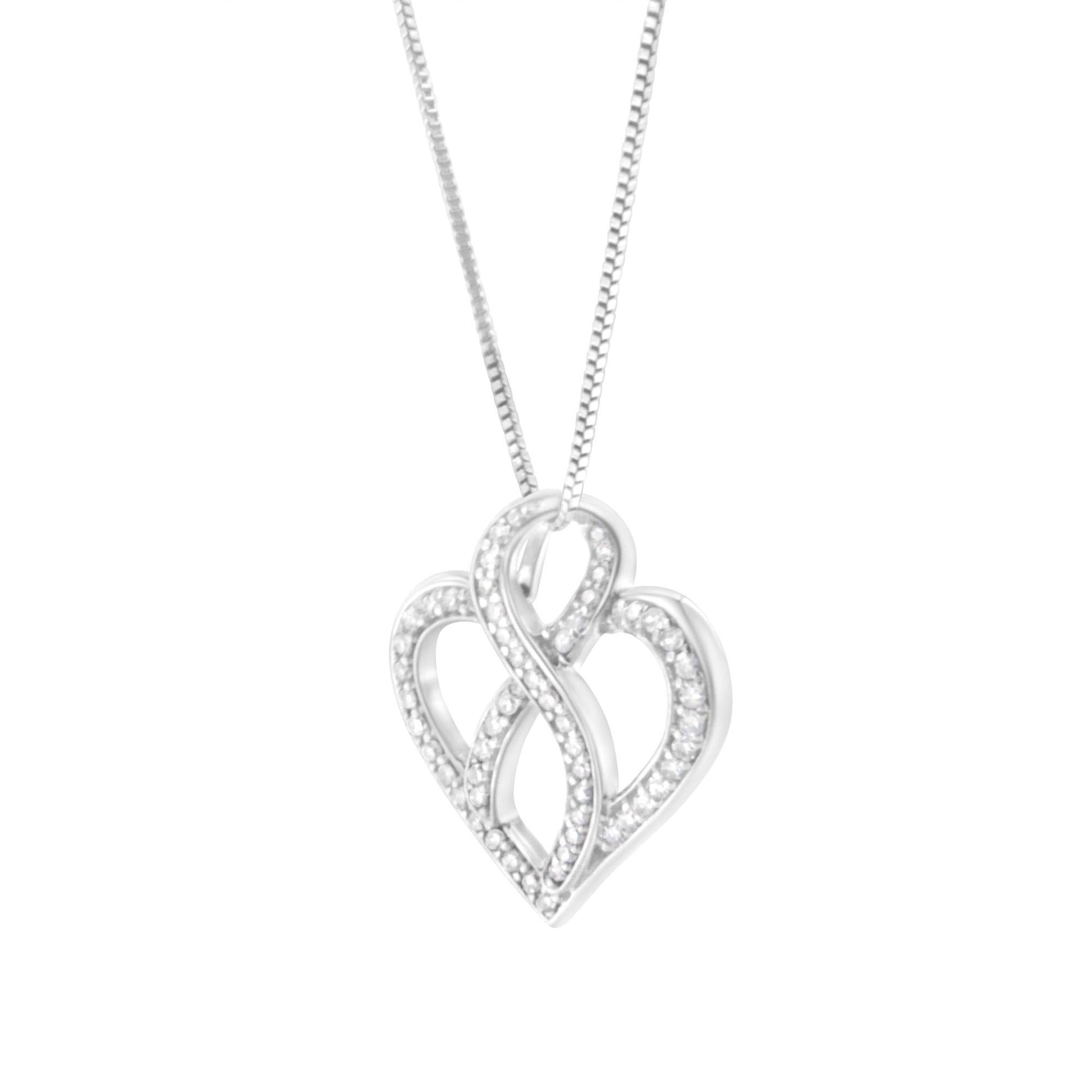 14K White Gold 1/4 cttw Round Cut Diamond Heart and Ribbon Center Pendant