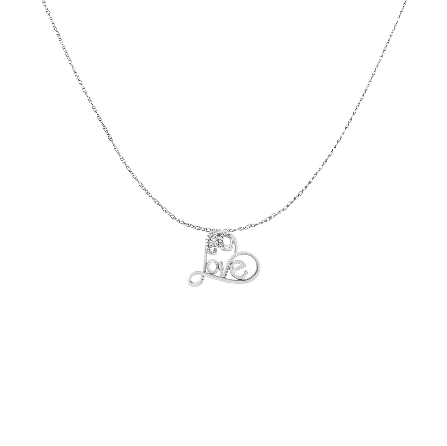 .925 Sterling Silver 1/10 Cttw Round Brilliant-Cut Diamond Accented Open Heart with Love 18" Pendant Necklace (H-I Color, I1-I2 Clarity)