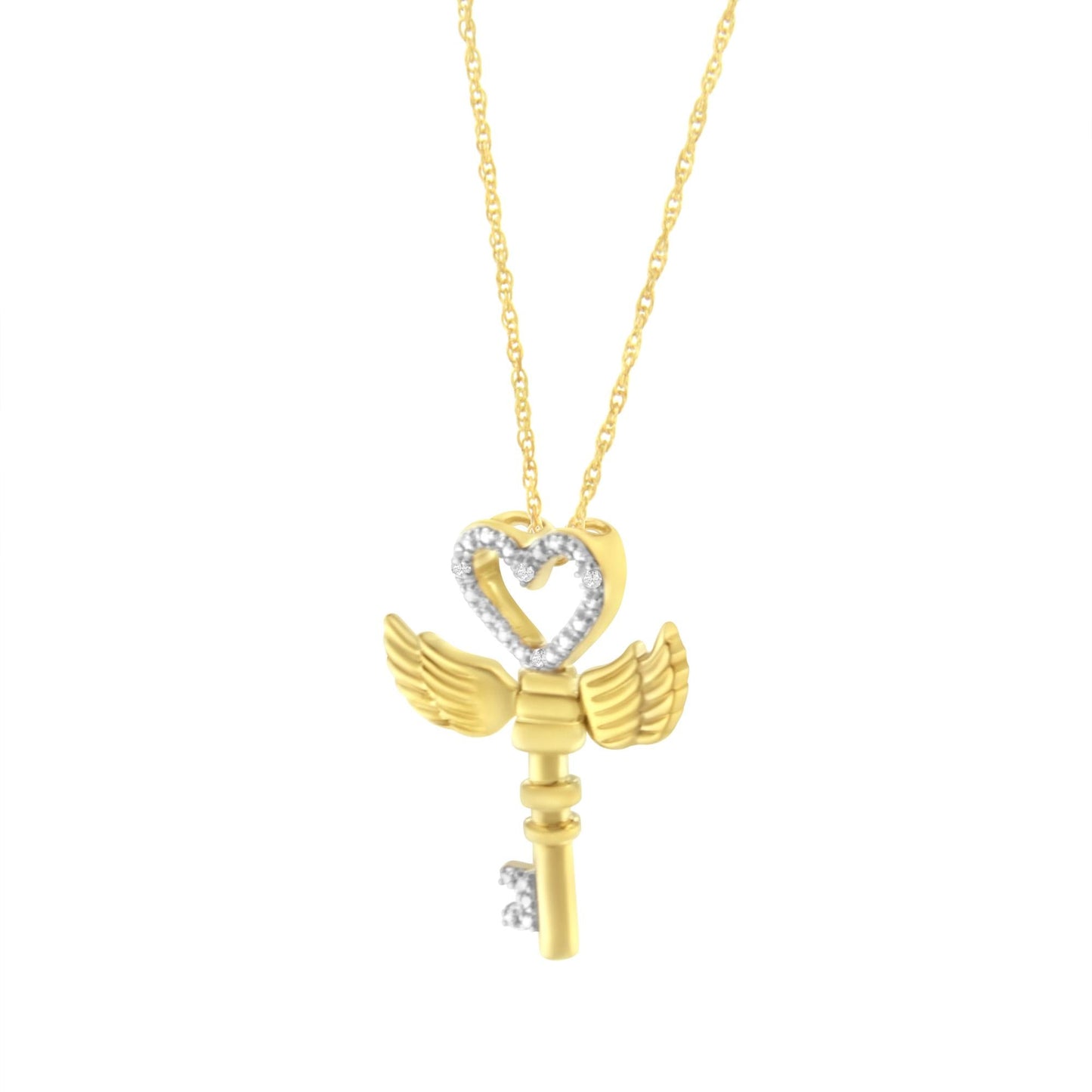 10K Yellow Gold over.925 Sterling Silver Diamond Accented Heart Angel Wing Key