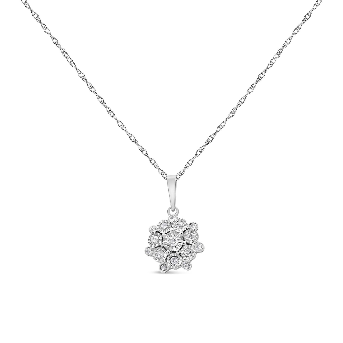 .925 Sterling Silver 1/4 Cttw Miracle Set Diamond Floral Cluster 18’’