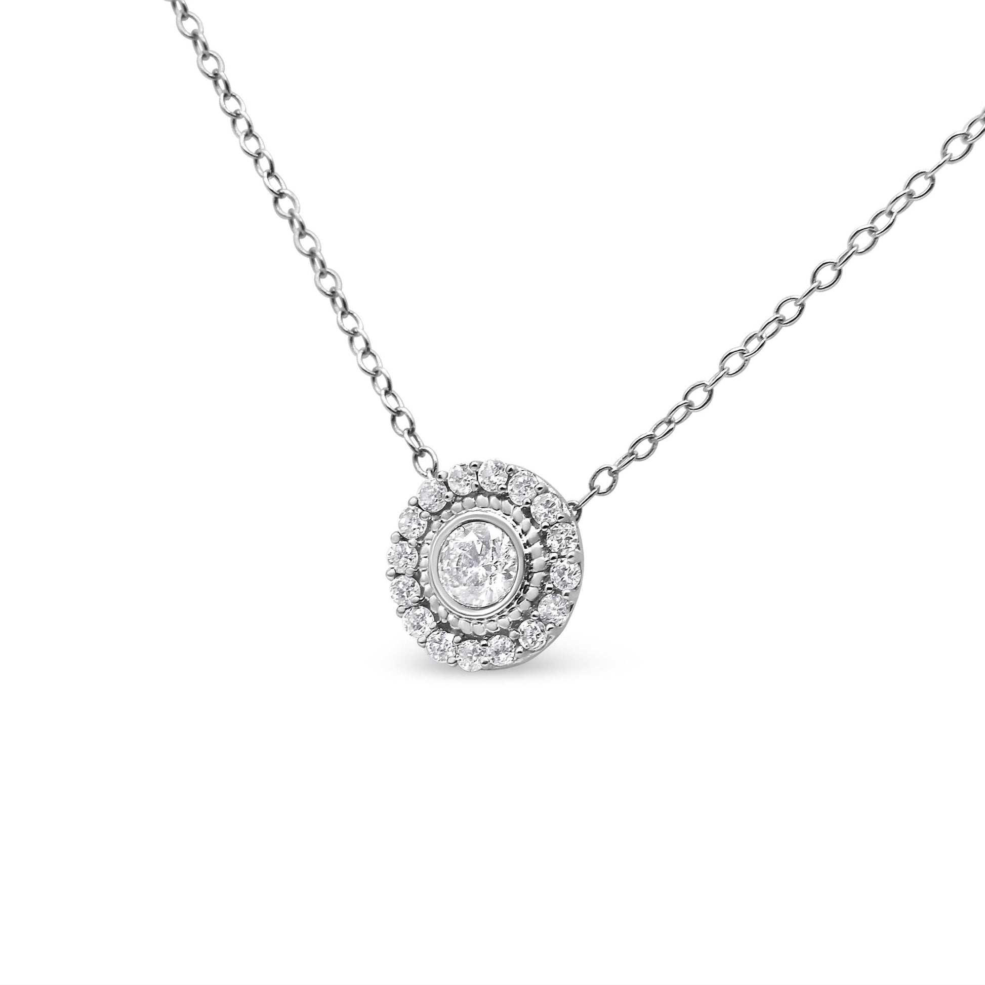 .925 Sterling Silver 1/2 Cttw Round Diamond Halo Circle Pendant 18’’