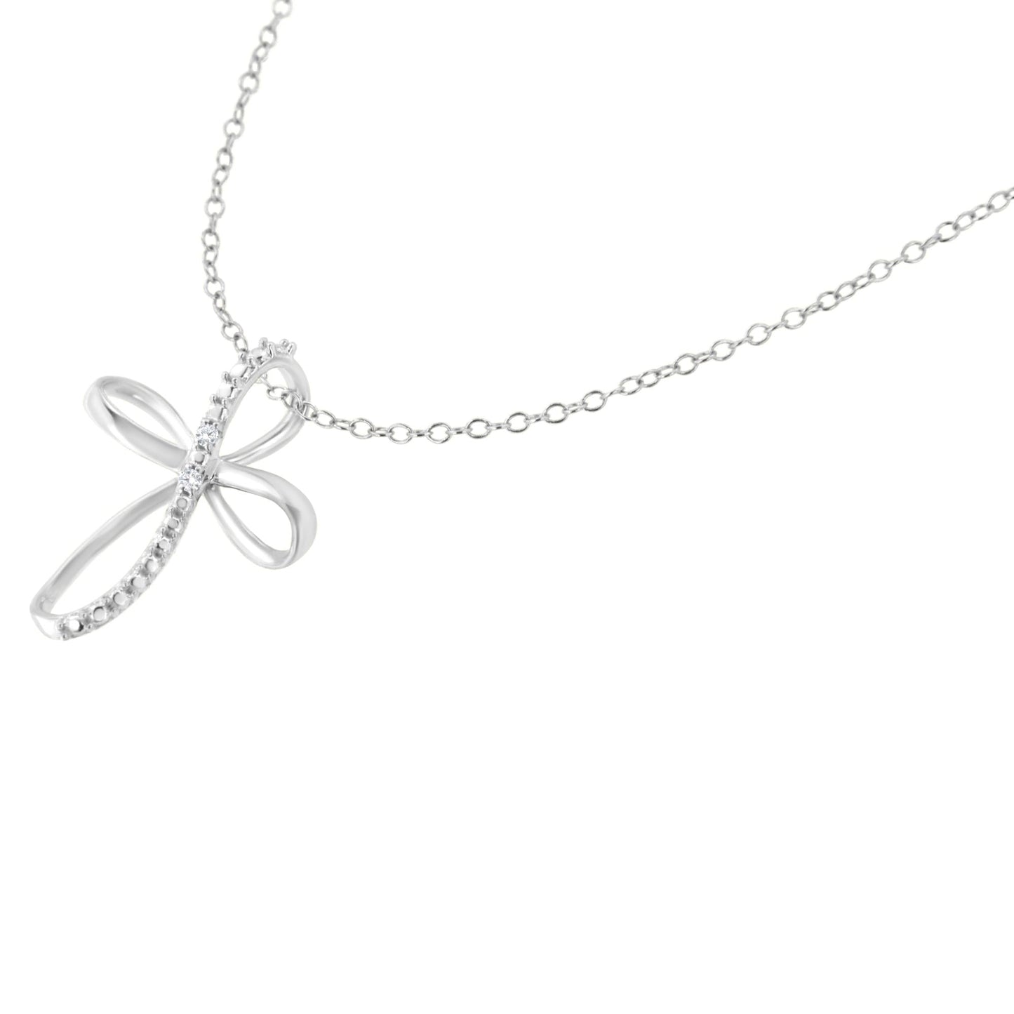 .925 Sterling Silver Diamond Accent Cross Ribbon 18’’ Pendant Necklace (I-J