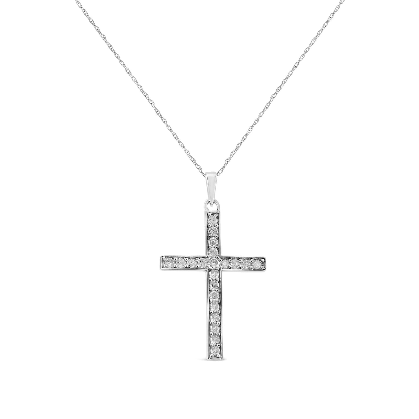 .925 Sterling Silver 3/8 Cttw Round-Cut Diamond Cross 18’’ Pendant Necklace