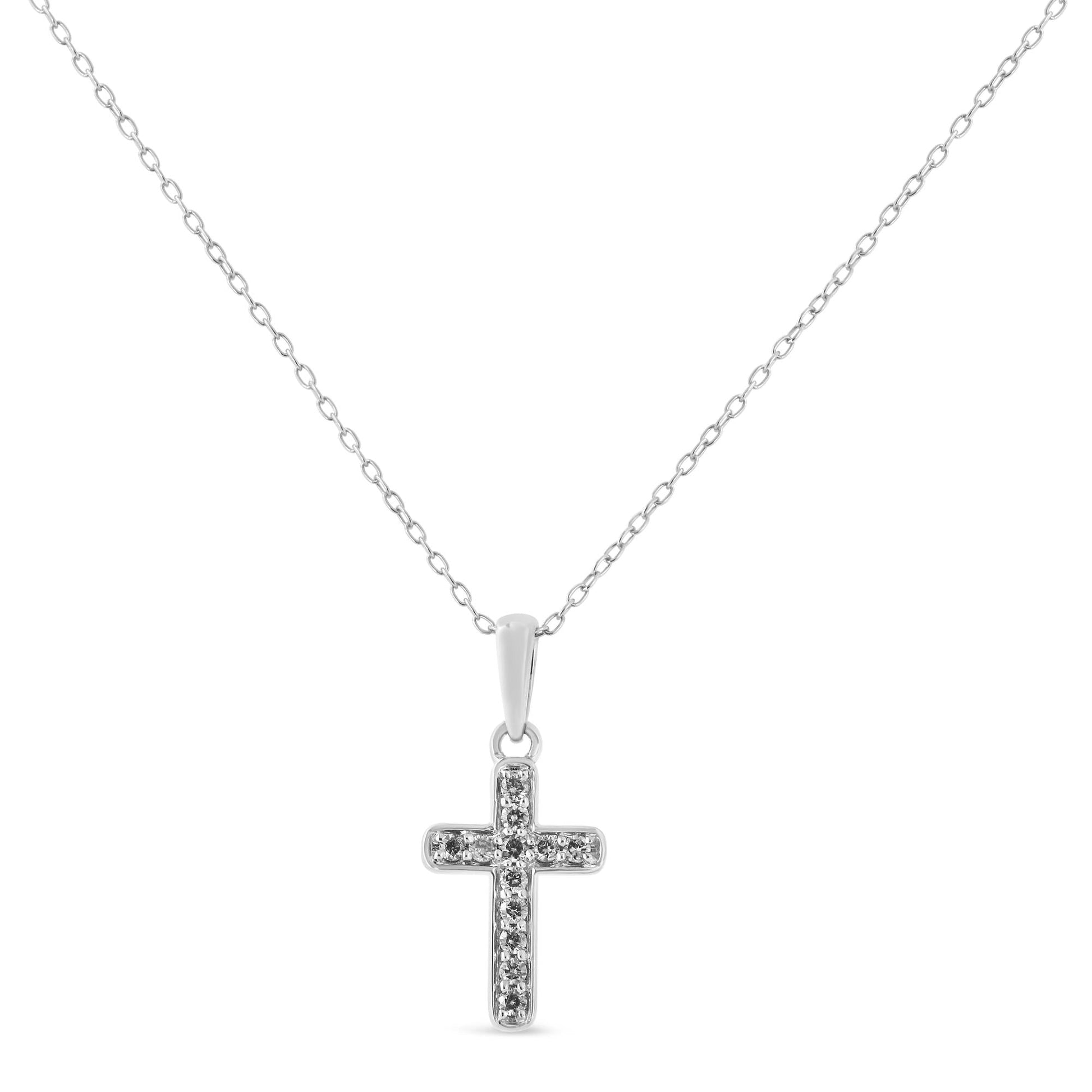 .925 Sterling Silver 1/4 Cttw Prong Set Round-Cut Diamond Cross 18’’