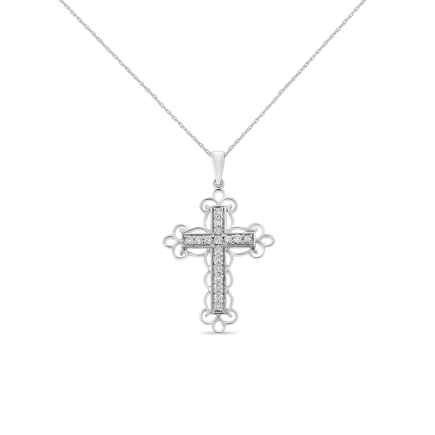 .925 Sterling Silver 1/4 Cttw Round Cut Diamond Art Deco Style Cross 18’’