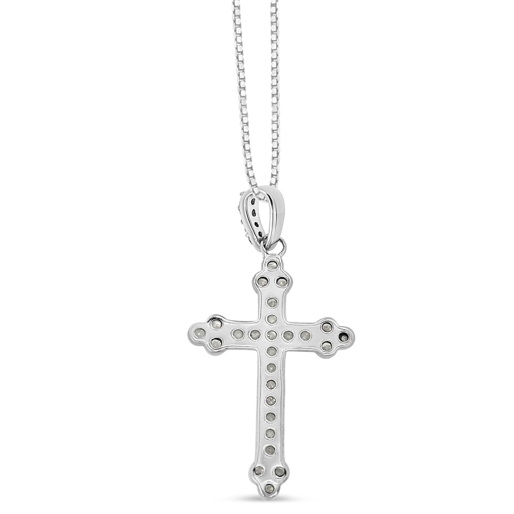 .925 Sterling Silver 1/4 Cttw Prong Set Round-Cut Diamond Cross 18’’