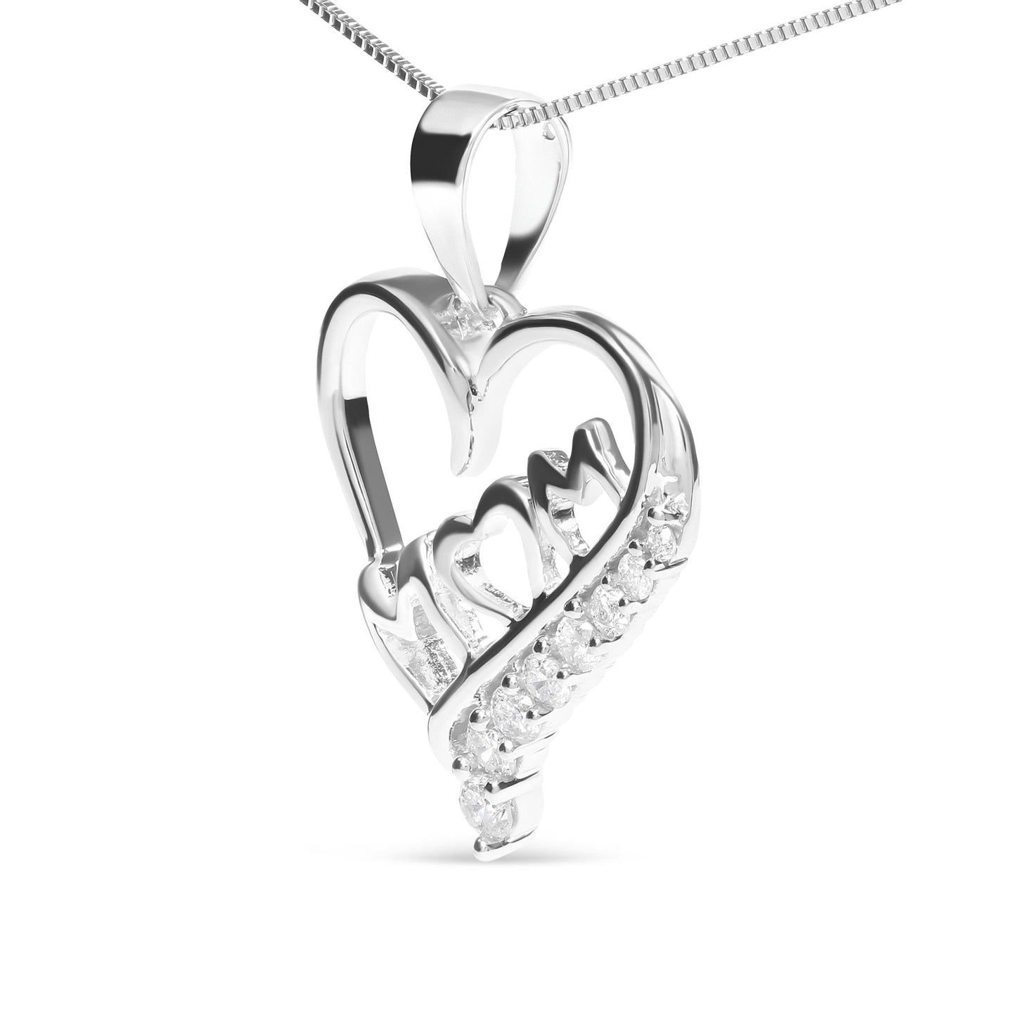 .925 Sterling Silver 1/4 Cttw Diamond ’Mom’ and Open Heart 18’’ Pendant