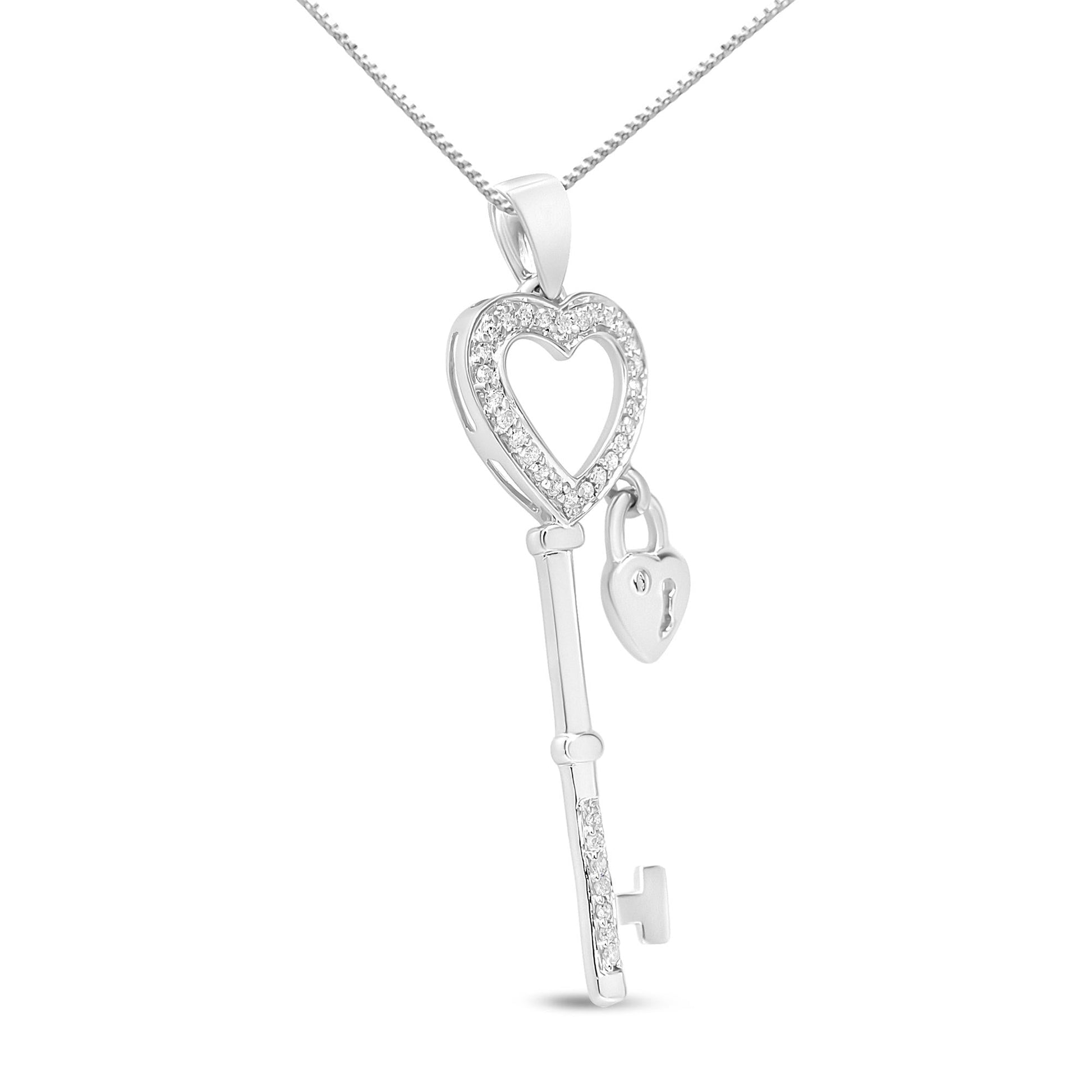 .925 Sterling Silver 1/4 Cttw Diamond Lock & Key heart 18’’ Pendant