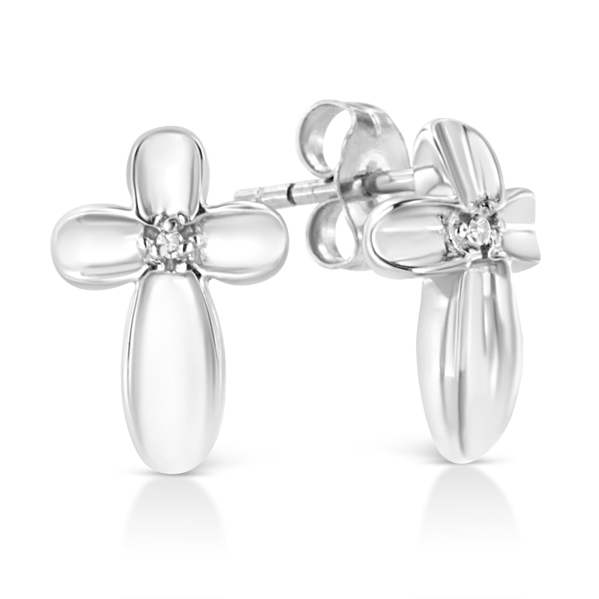 .925 Sterling Silver Prong Set Diamond Accent Floral Cross Stud Earring (I-J