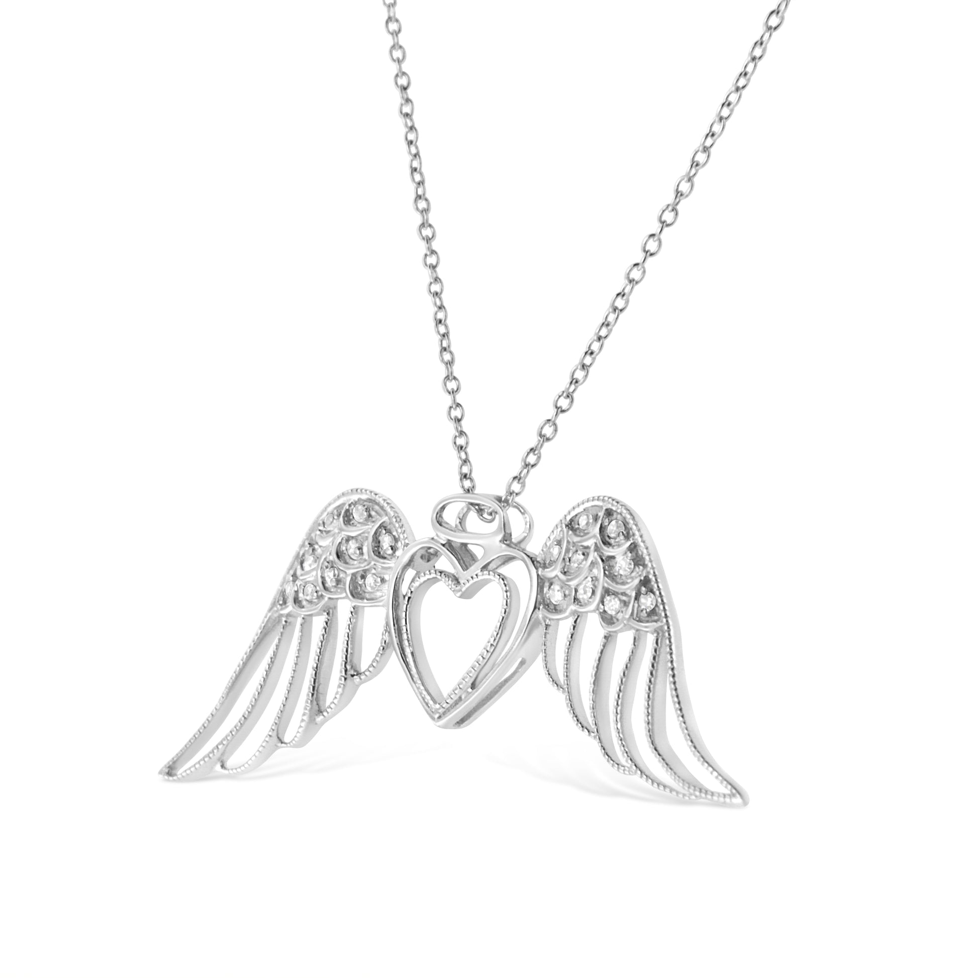 .925 Sterling Silver Pave-Set Diamond Accent Angel Wing 18’’ Double Heart