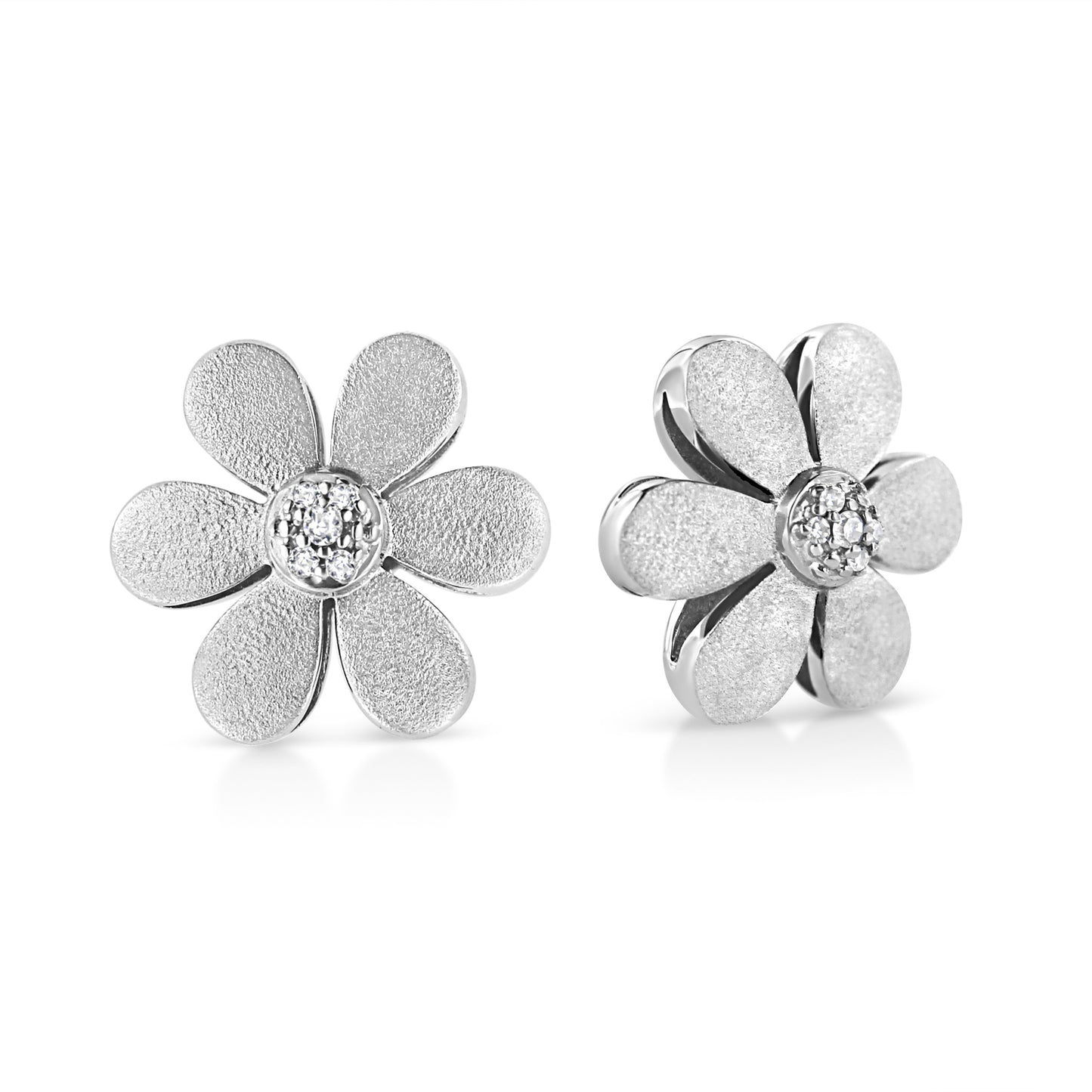 Matte Finished.925 Sterling Silver Diamond Accent Flower Hoop Stud Earring (I-J