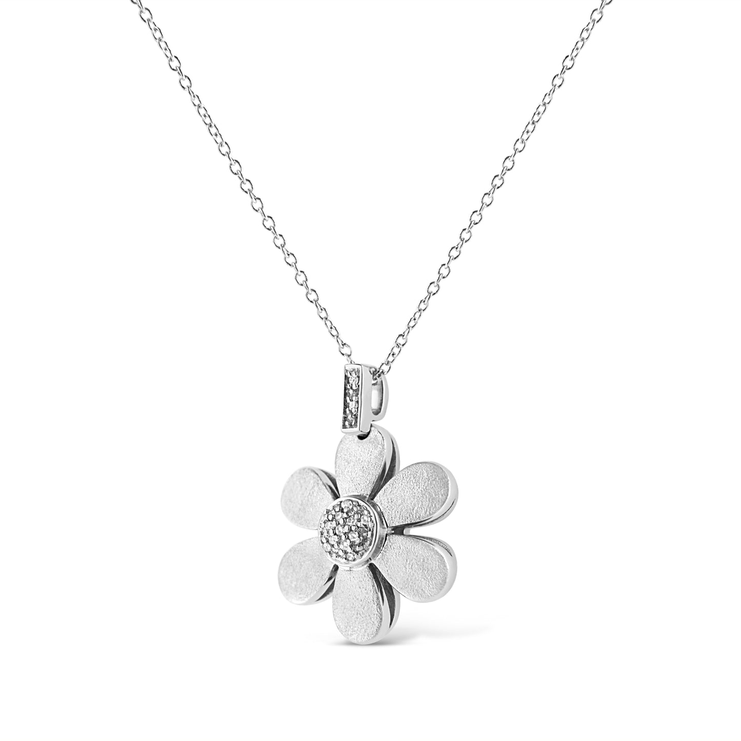 .925 Sterling Silver Pave-Set Diamond Accent Flower 18’’ Pendant Necklace