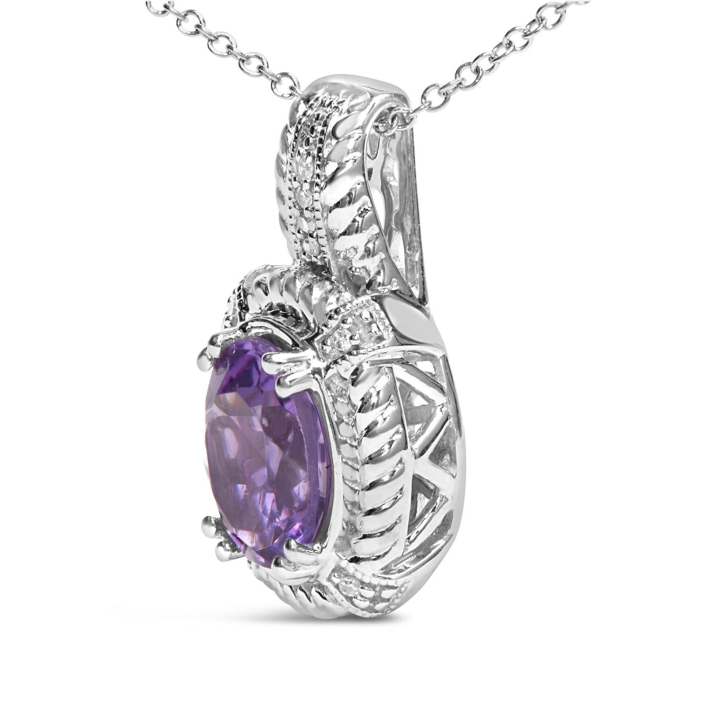 .925 Sterling Silver 9x7mm Oval Purple Amethyst and Round Diamond Accent