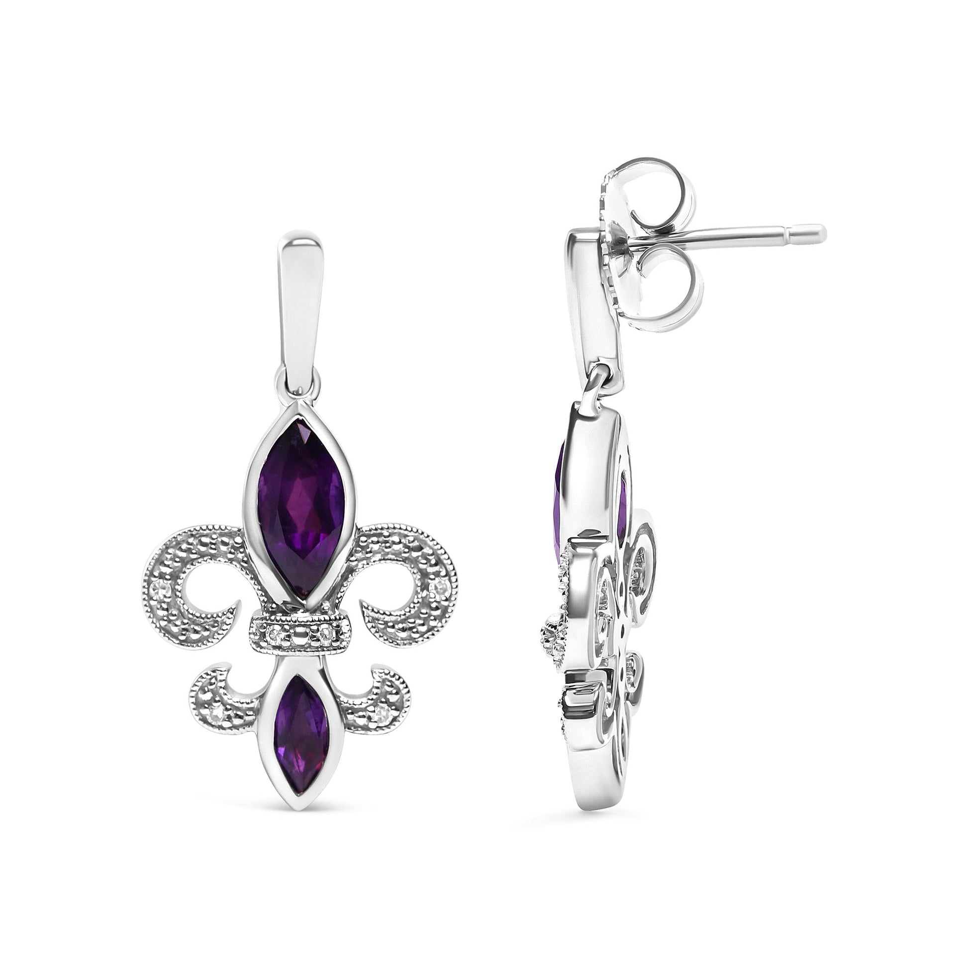 .925 Sterling Silver Marquise Cut Amethyst and Diamond Accent Fleur De Lis