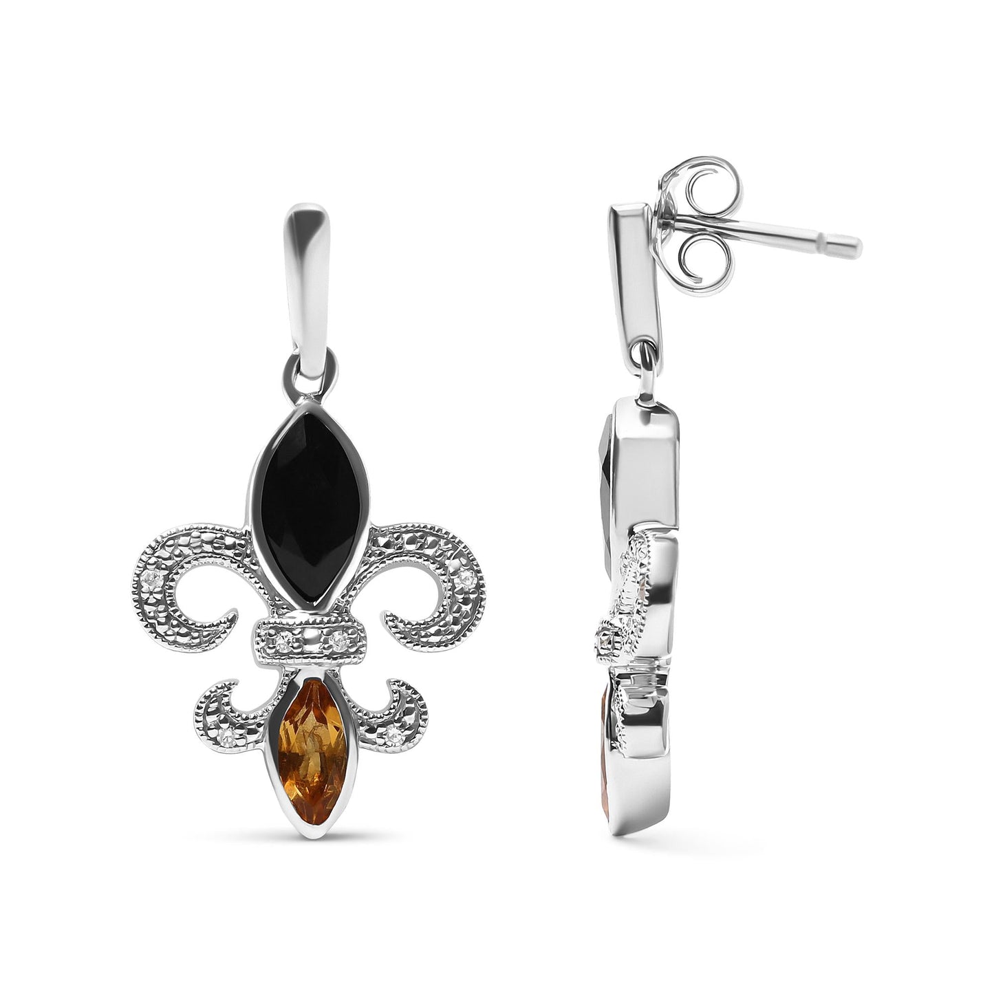 .925 Sterling Silver Marquise Cut Onyx and Citrine with Diamond Accent Fleur De