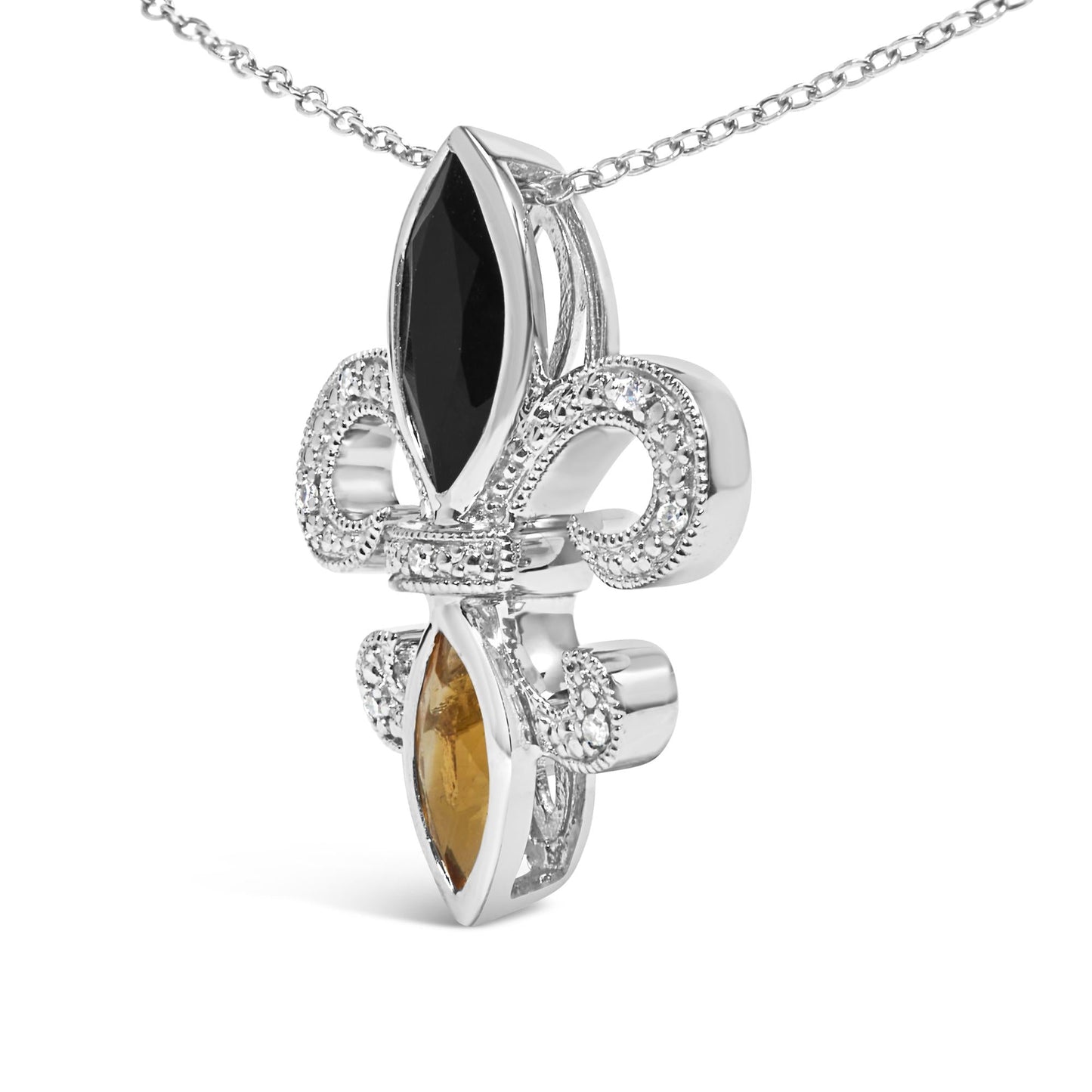 .925 Sterling Silver Marquise Onyx and Citrine and Diamond Accent Fleur De Lis