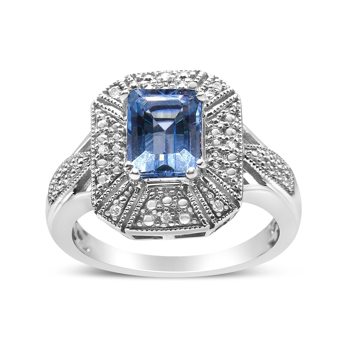 .925 Sterling Silver Diamond Accent and 8X6 mm Emerald-Shape Blue Topaz Ring